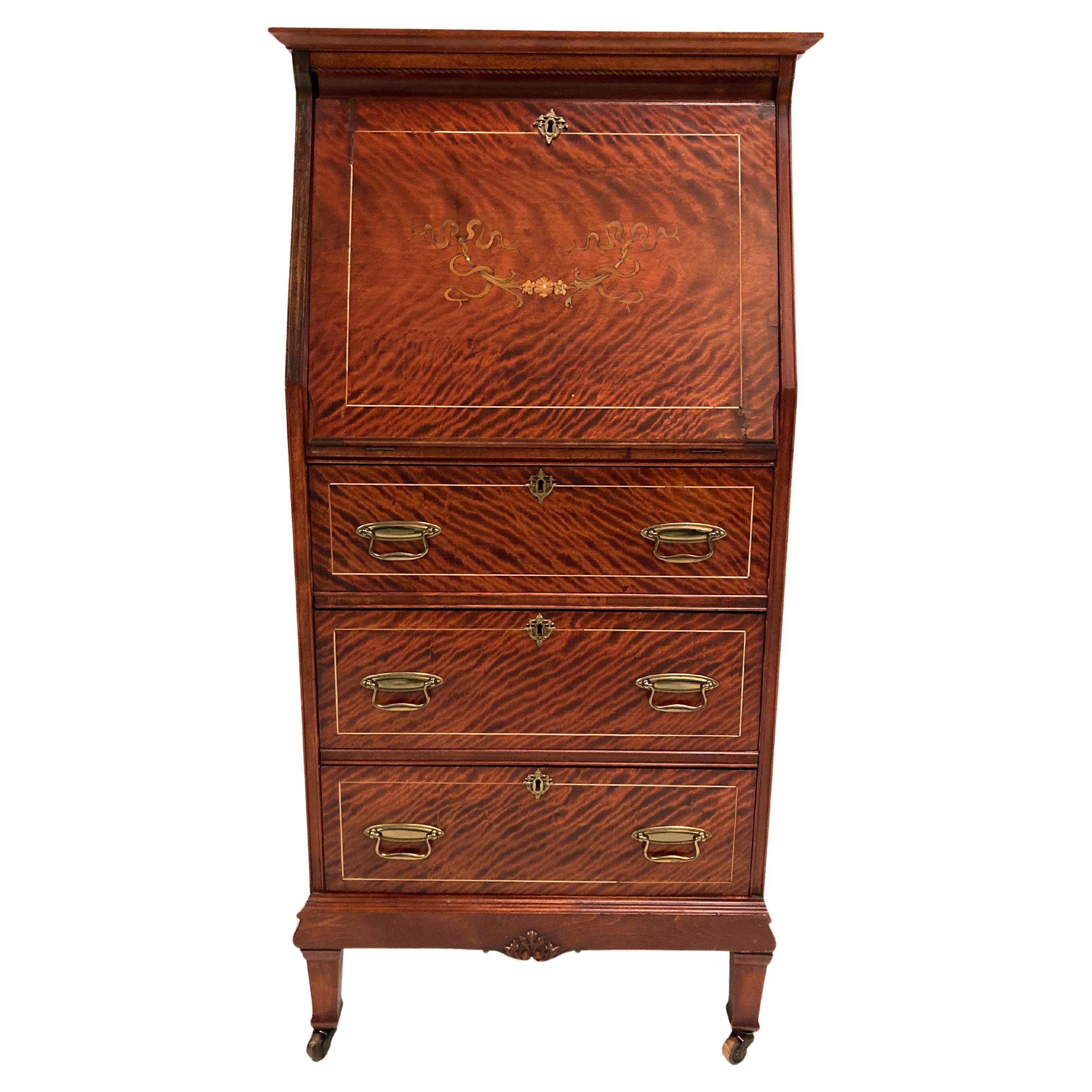 Late 19th Century Edwardian, Crotch Mahogany Woman's Petite Drop Front Desk For Sale