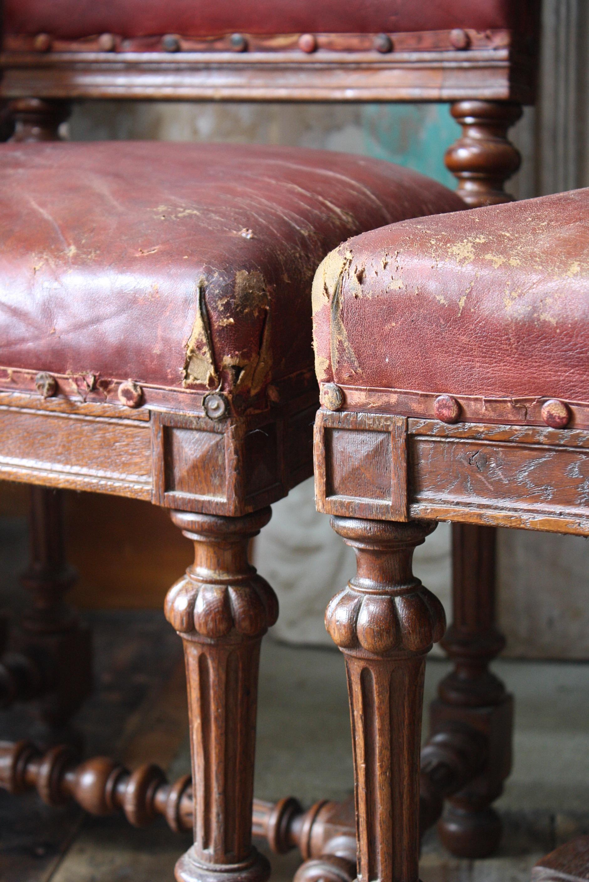 Acht viktorianische Esszimmerstühle aus rotem schottischem Leder und Eiche aus dem späten 19. Jahrhundert  im Zustand „Gut“ in Lowestoft, GB