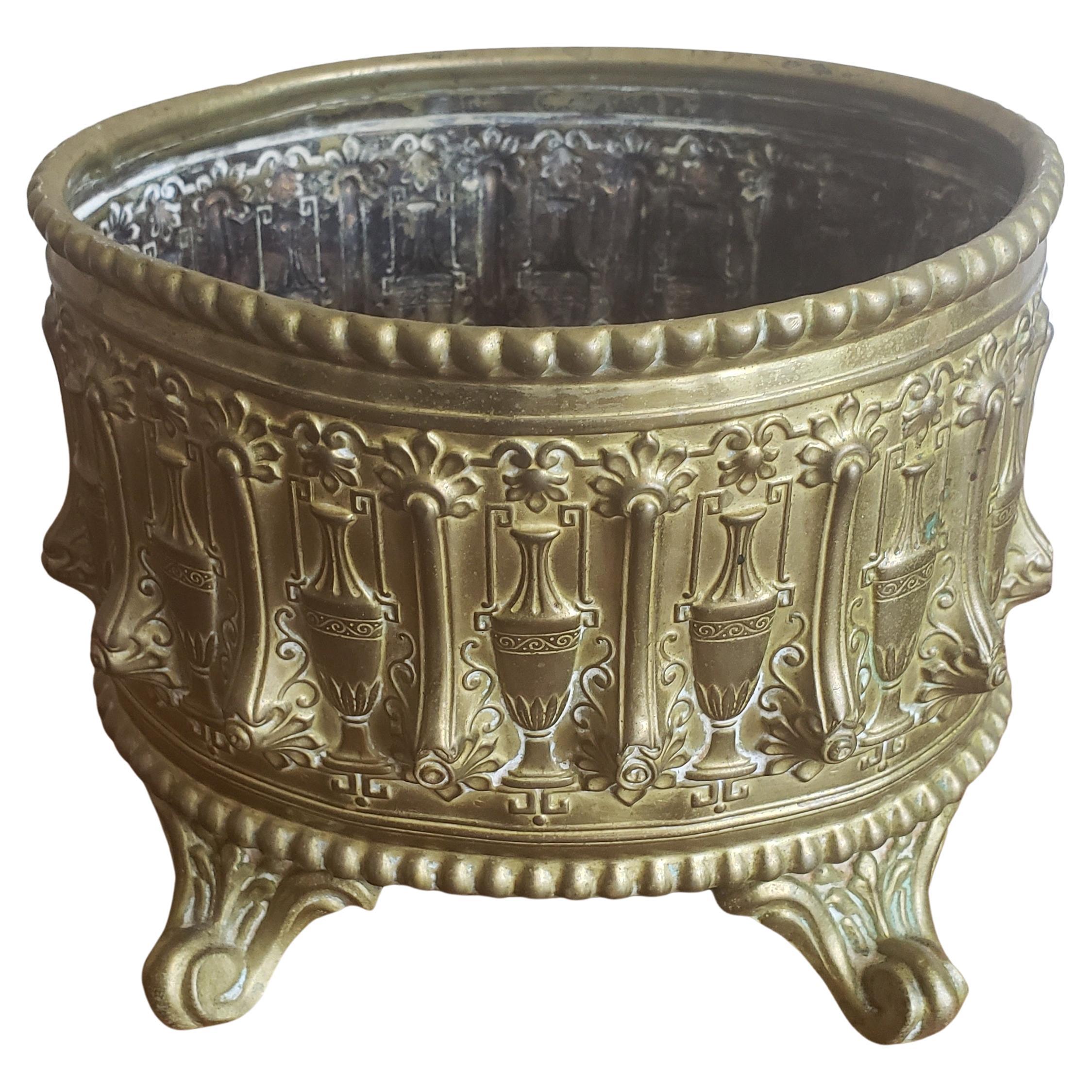 Late 19th Century Embossed Decorative Oval Brass  Jardiniere Planter