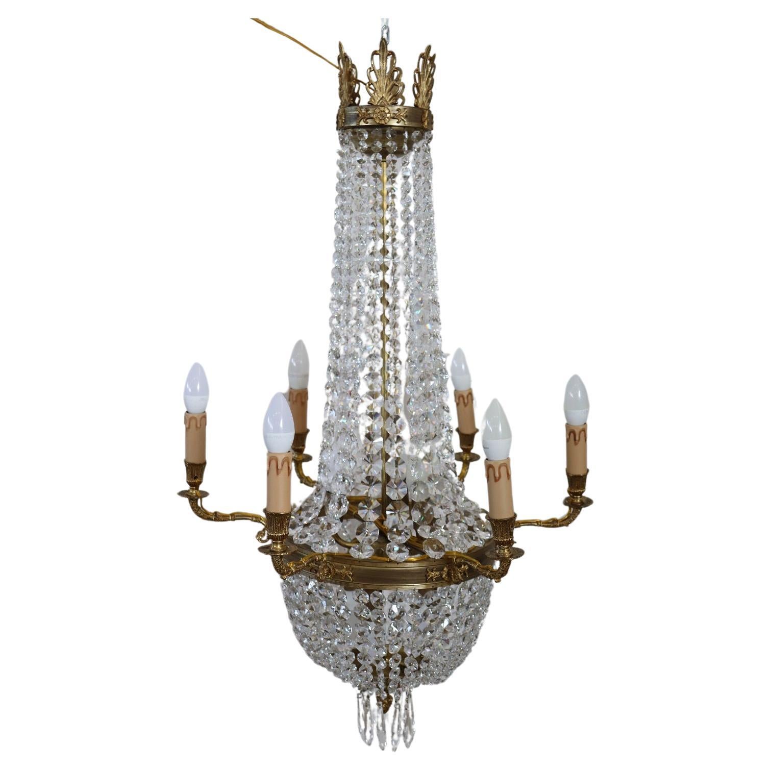 Lustre en bronze doré et cristaux de la fin du 19e siècle de style Empire en vente