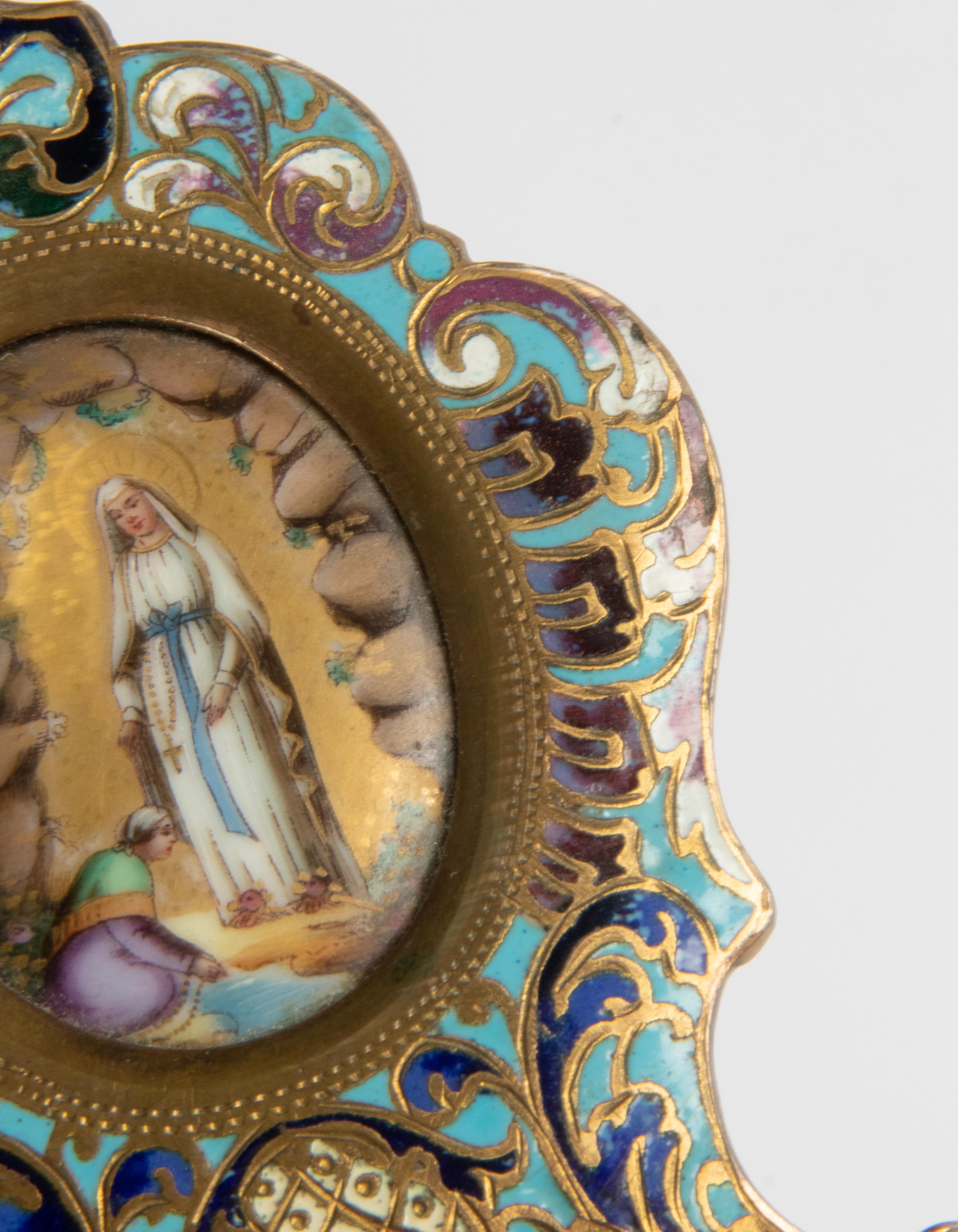 Late 19th Century Enamal Cloissoné Maria with Jesus Plaque Stand For Sale 6