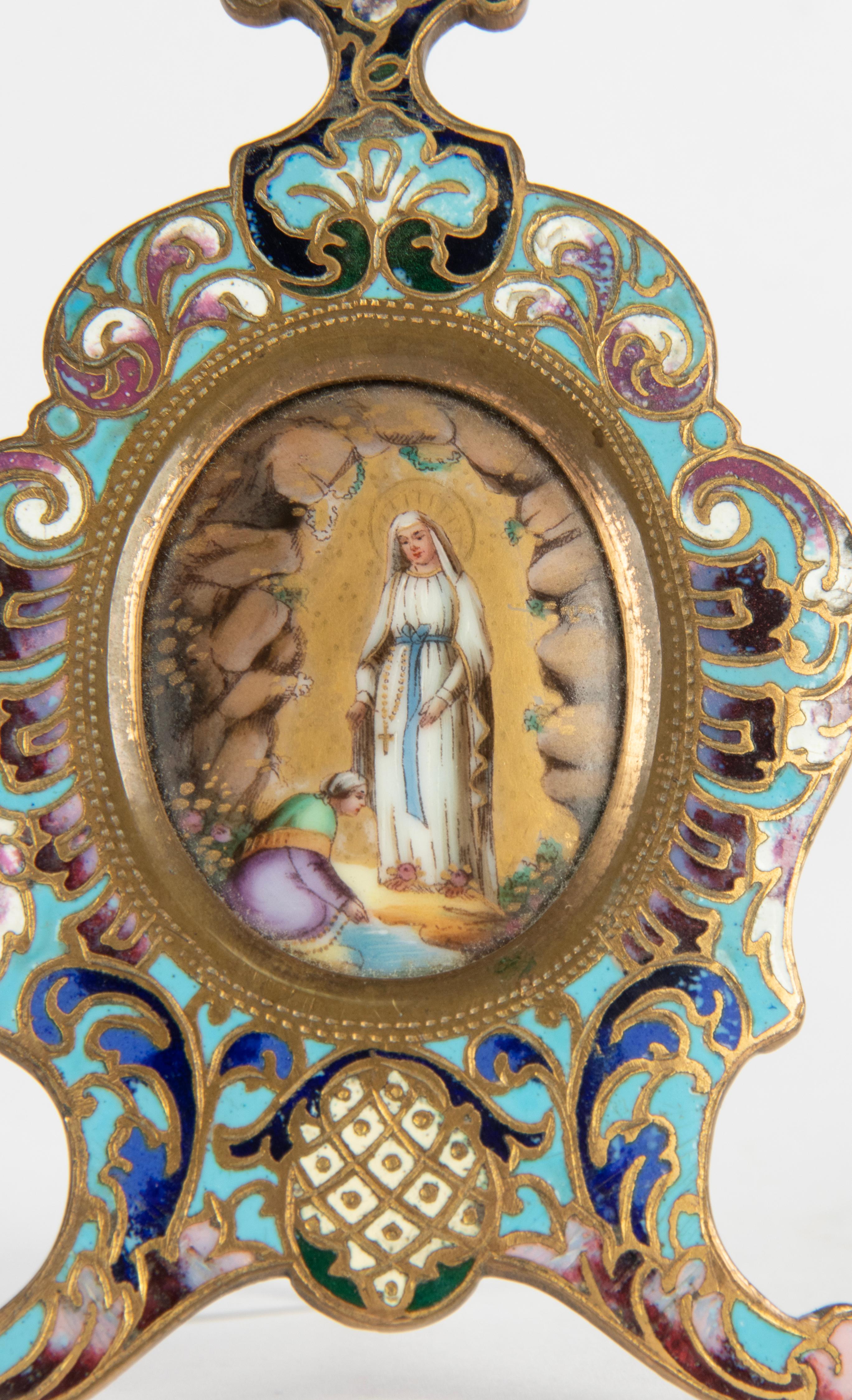 Late 19th Century Enamal Cloissoné Maria with Jesus Plaque Stand For Sale 8