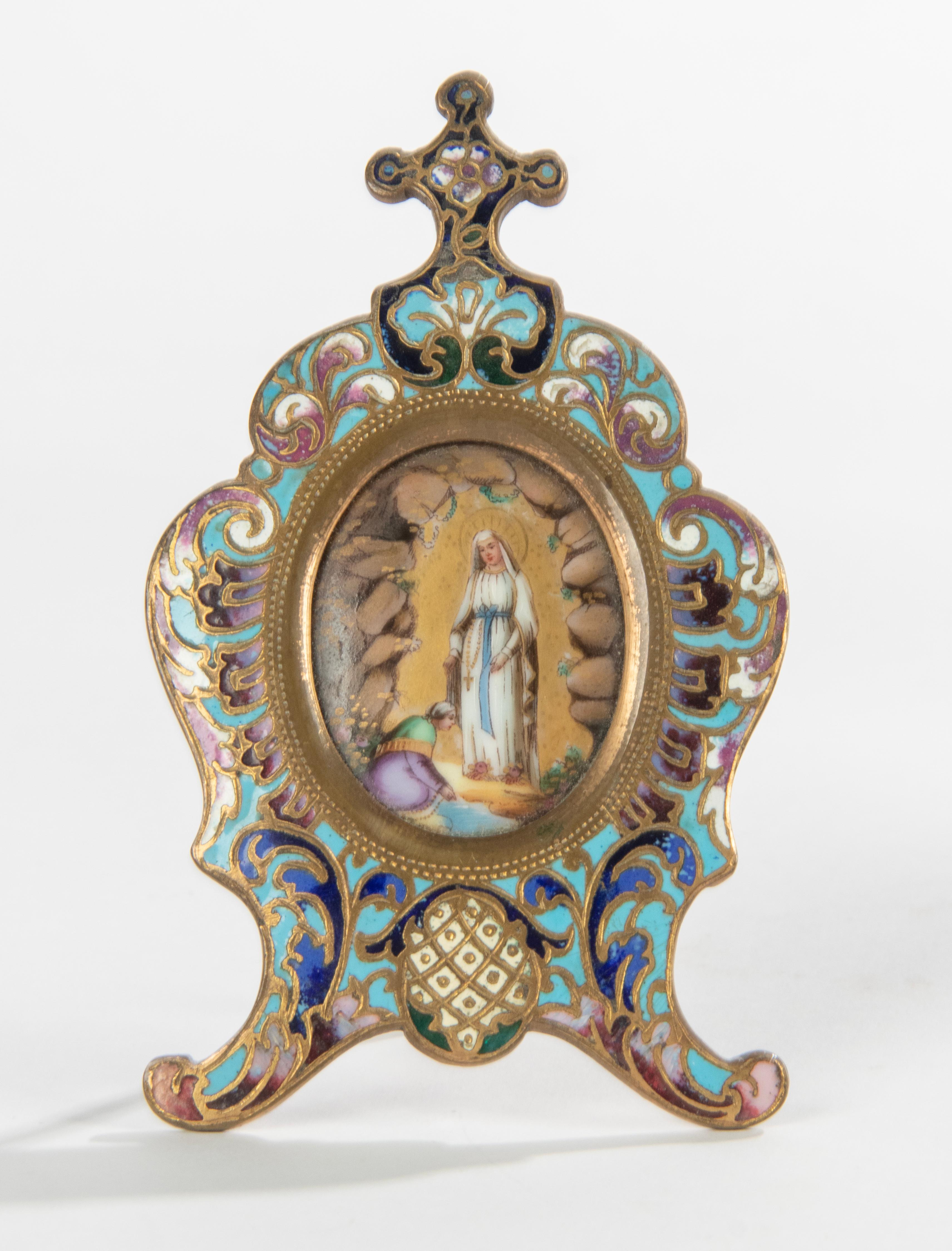 Late 19th Century Enamal Cloissoné Maria with Jesus Plaque Stand For Sale 9
