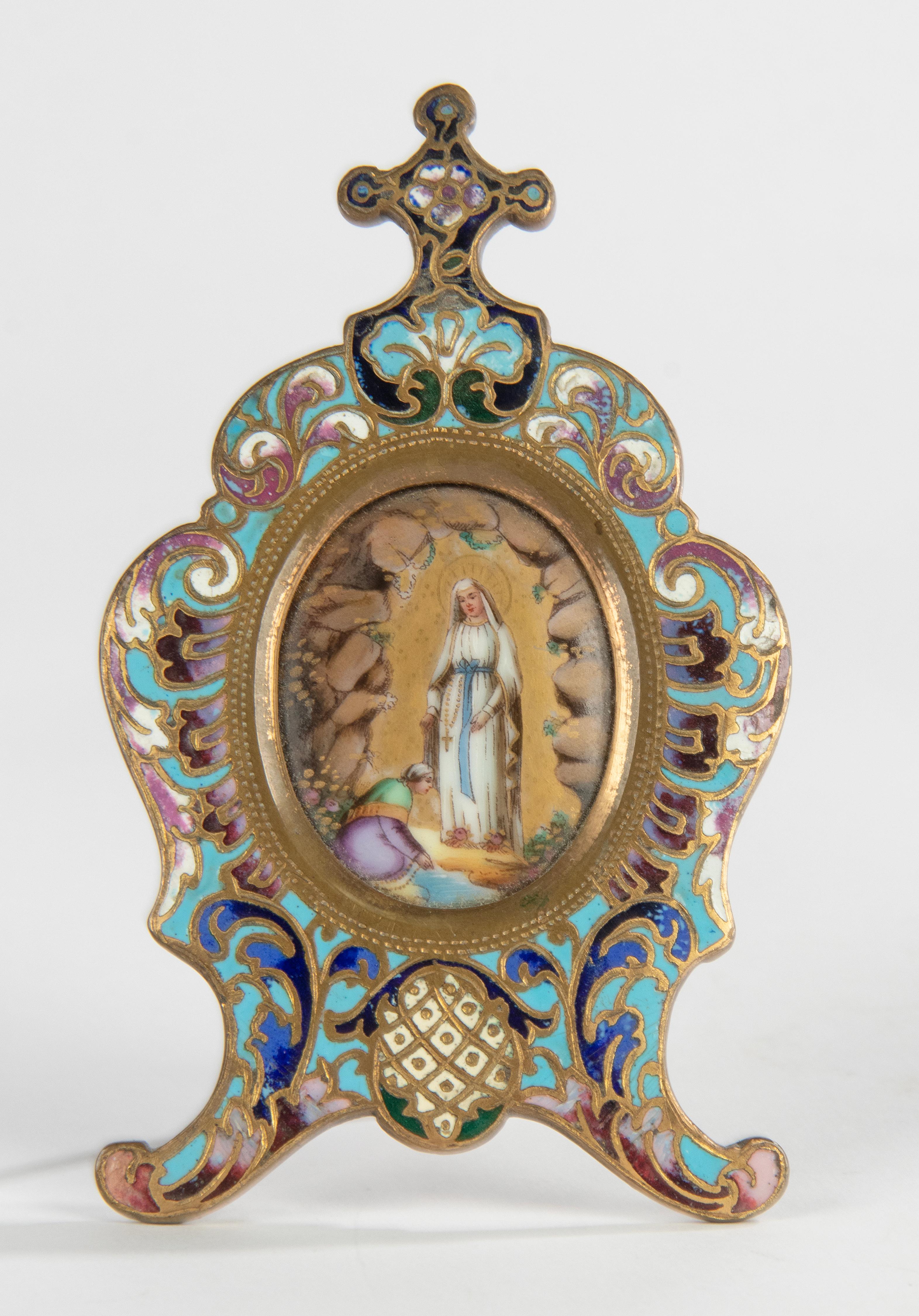 Belle Époque Late 19th Century Enamal Cloissoné Maria with Jesus Plaque Stand For Sale