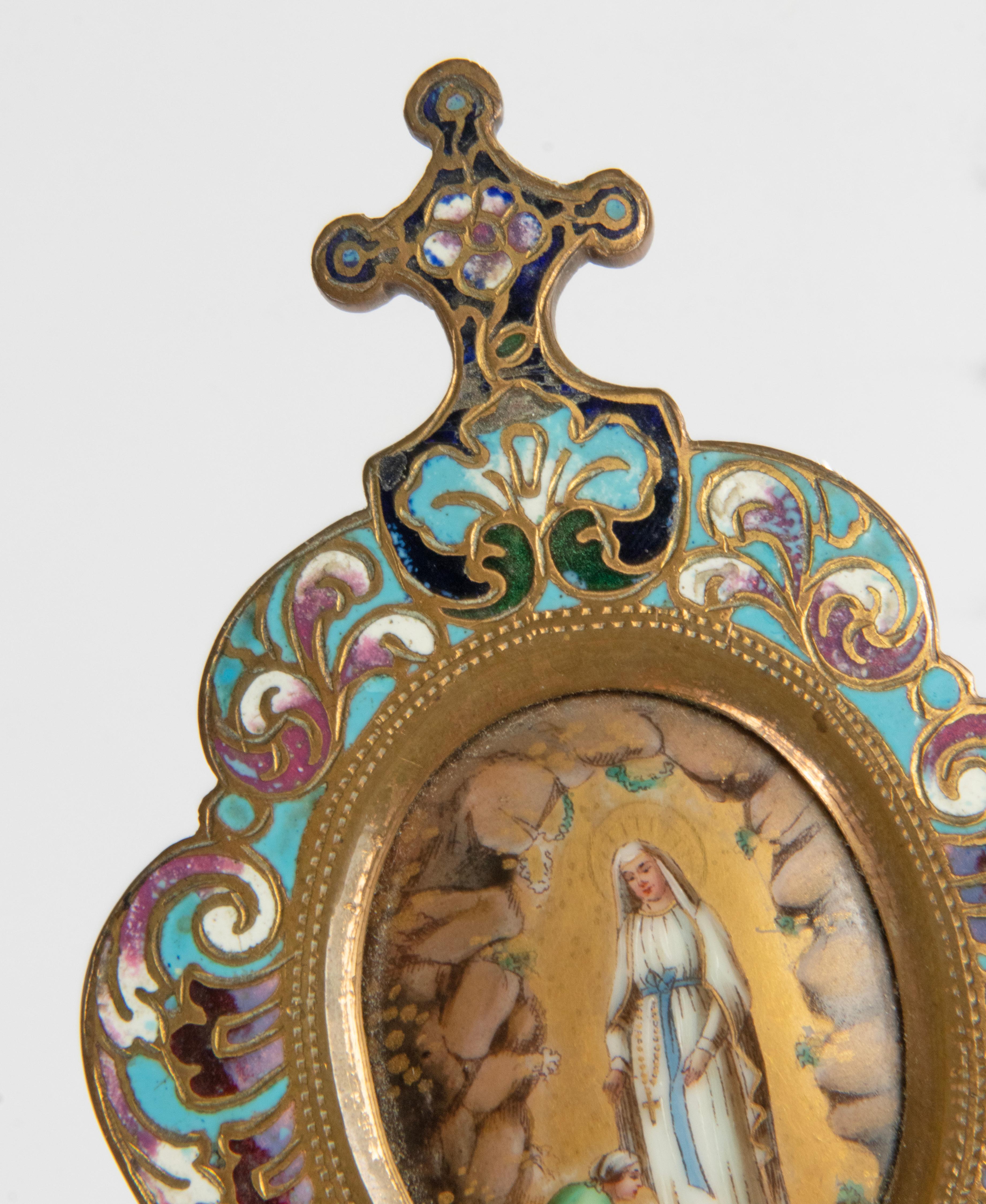 Late 19th Century Enamal Cloissoné Maria with Jesus Plaque Stand For Sale 3