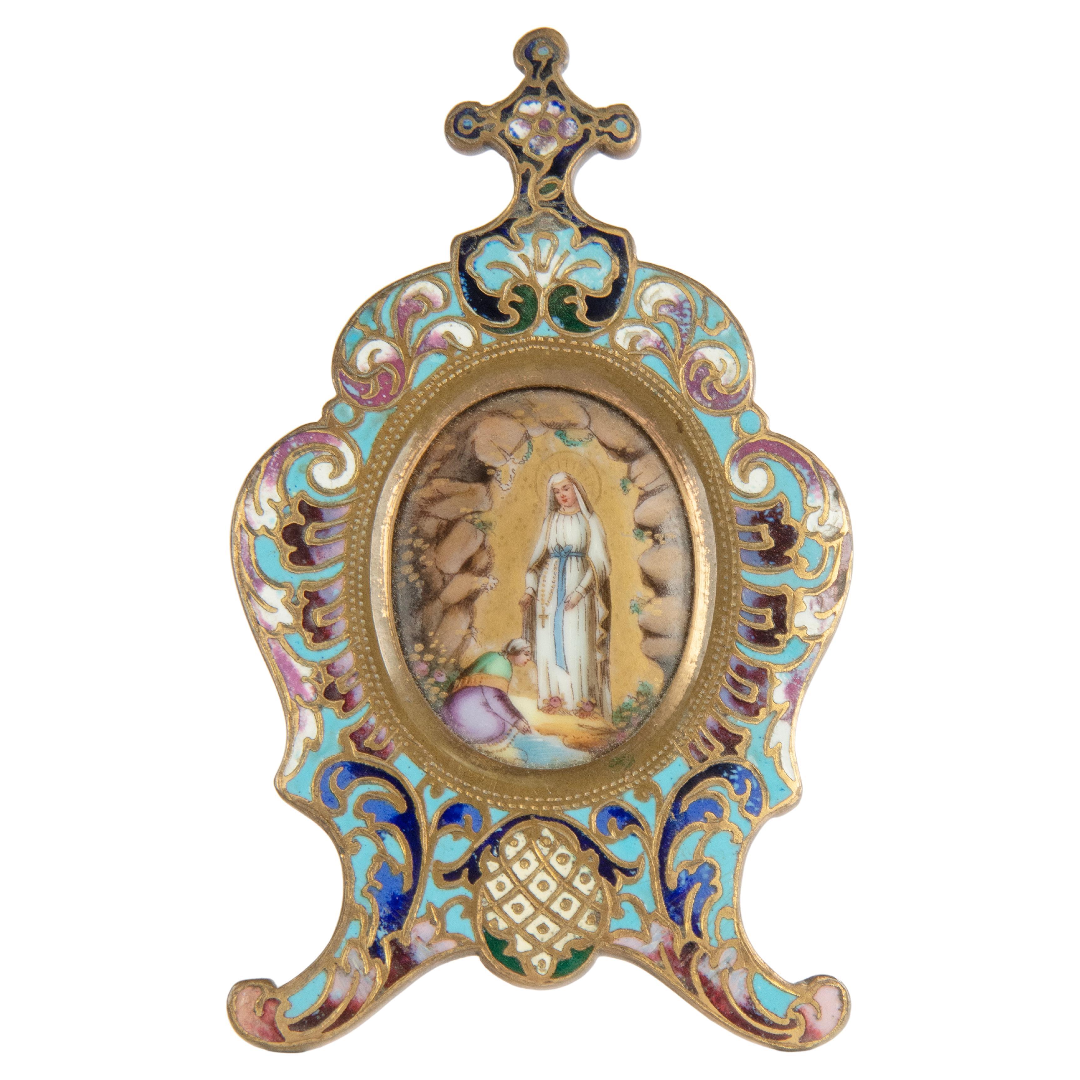 Late 19th Century Enamal Cloissoné Maria with Jesus Plaque Stand For Sale