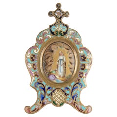 Antique Late 19th Century Enamal Cloissoné Maria with Jesus Plaque Stand