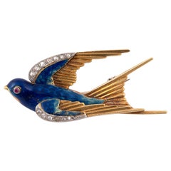 Antique Late 19th Century Enamel Gem-Set and Diamond Swallow Brooch, circa 1890