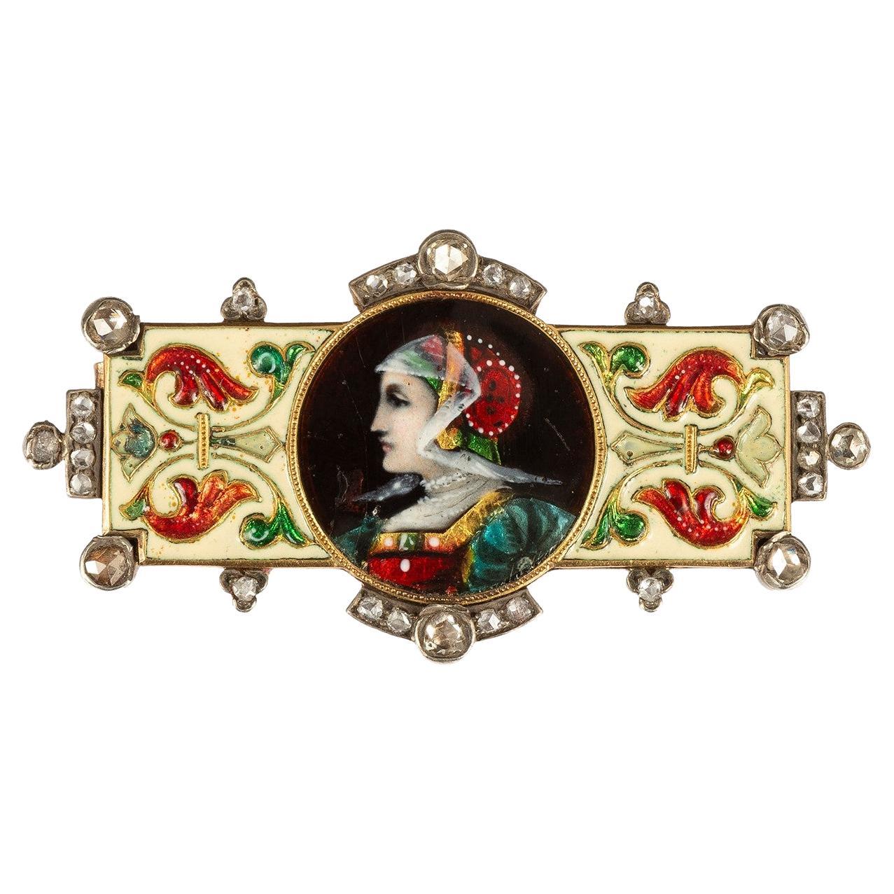 Late 19th-Century Enameled Brooch with Diamonds by Falize