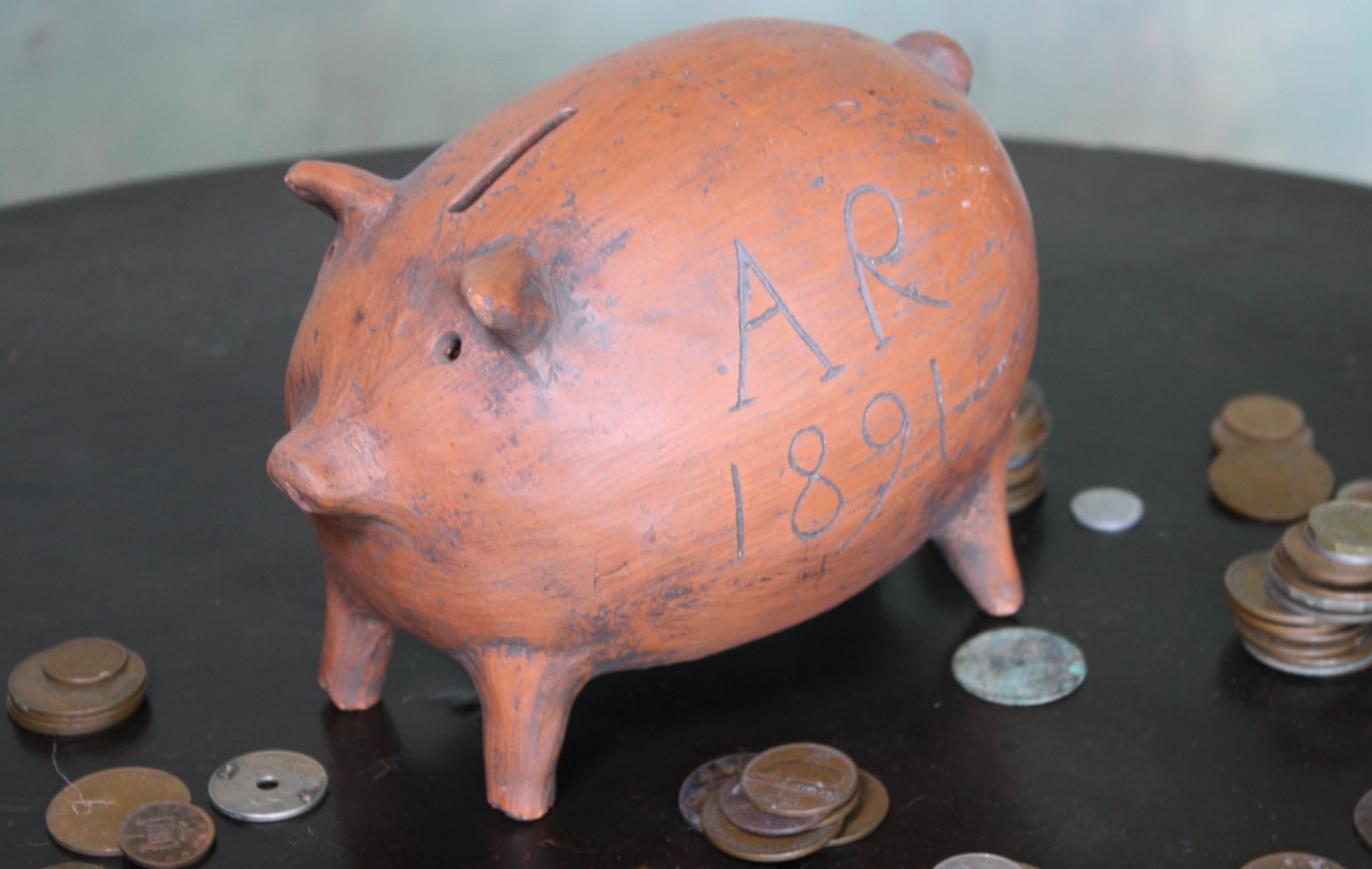 Late 19th Century English 1891 A.R Earthenware Folk Art Piggy Bank 3