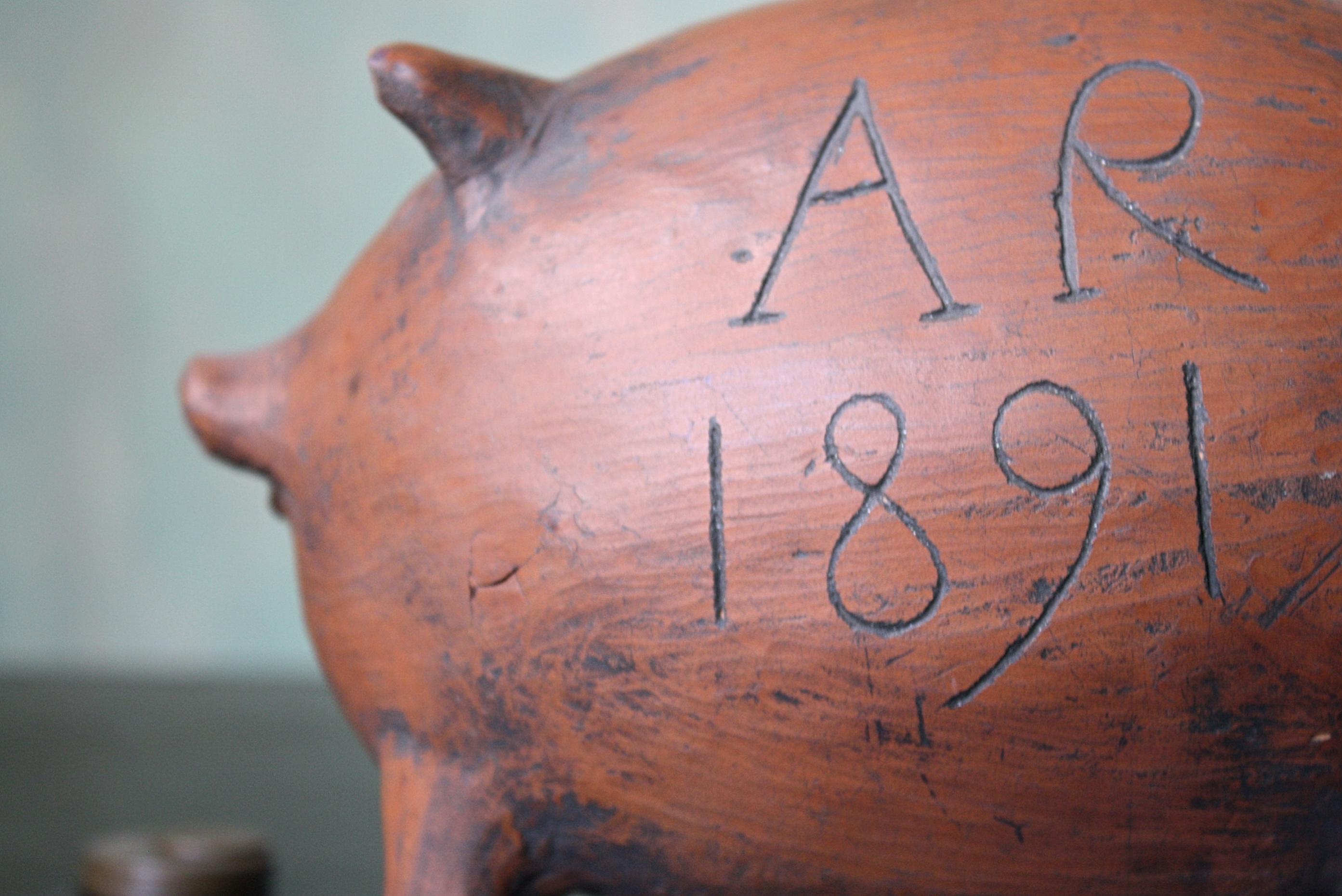 Late 19th Century English 1891 A.R Earthenware Folk Art Piggy Bank 4