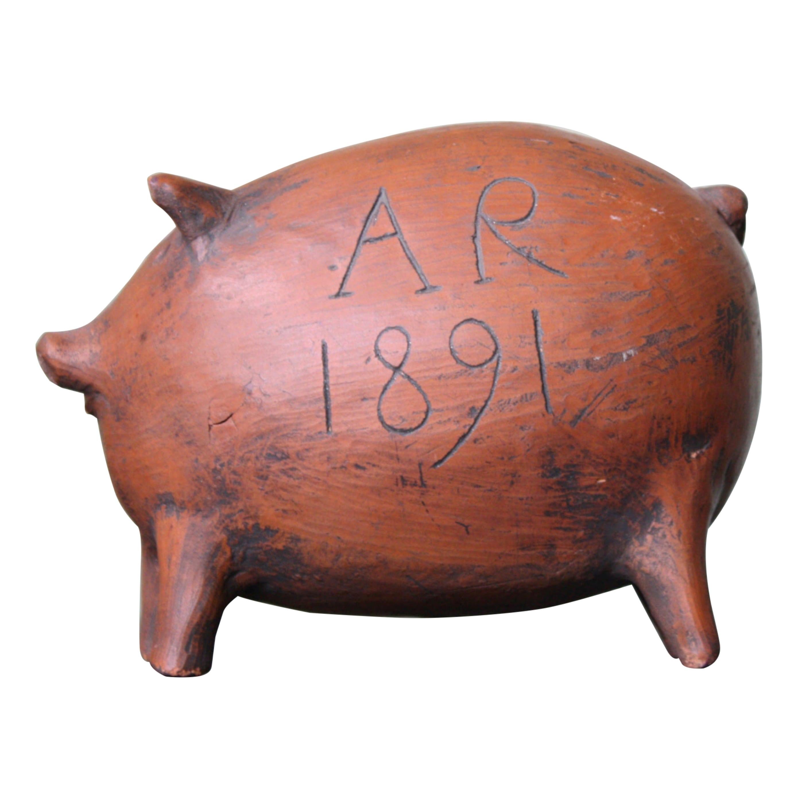 Late 19th Century English 1891 A.R Earthenware Folk Art Piggy Bank