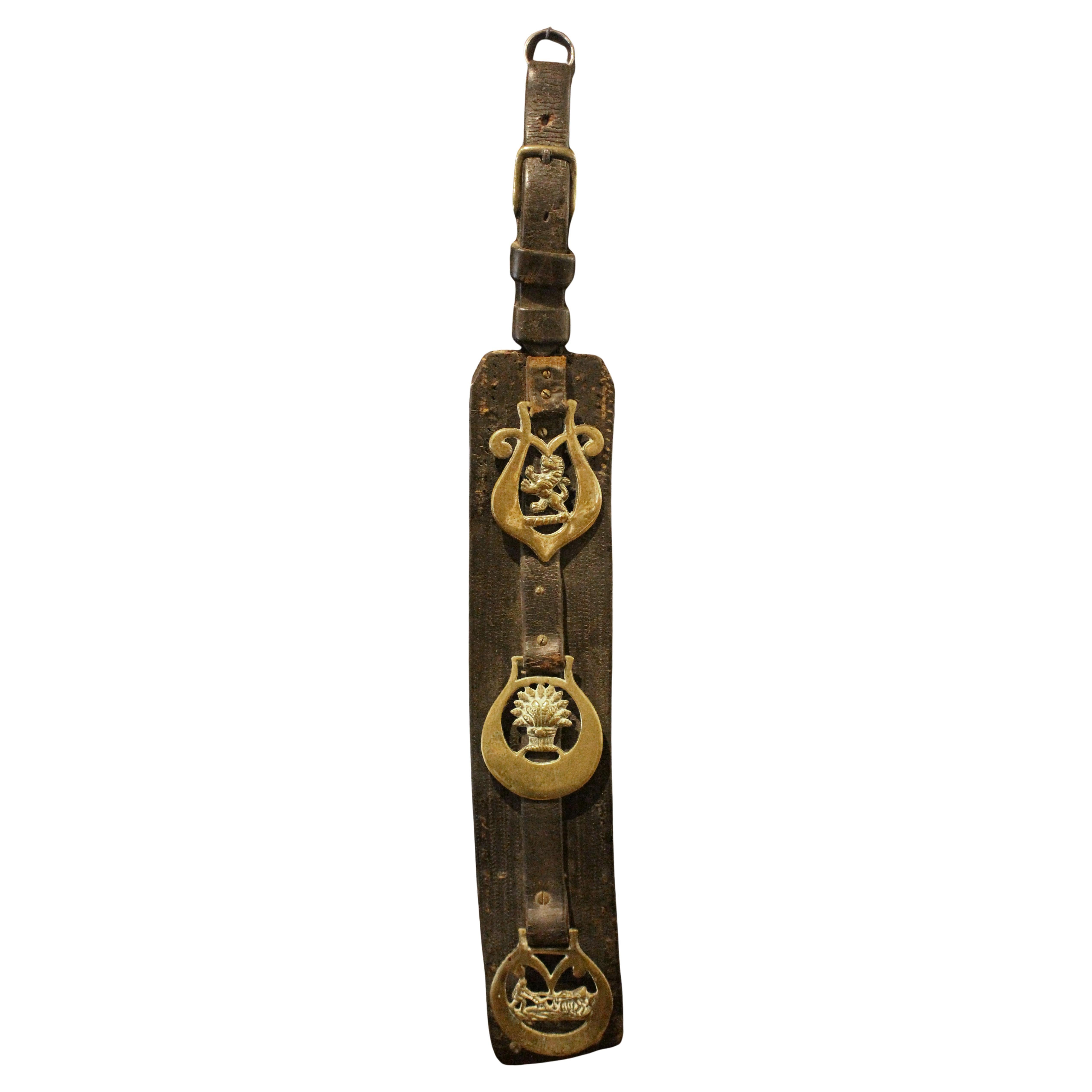 Late 19th Century English 3-Brass Long Leather Horse Strap For Sale