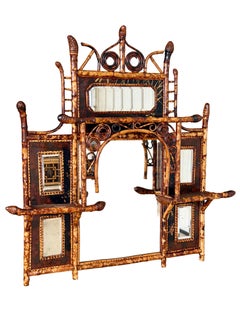 Late 19th Century English Aesthetic Bamboo Étagère Mirror With Japanned Panels