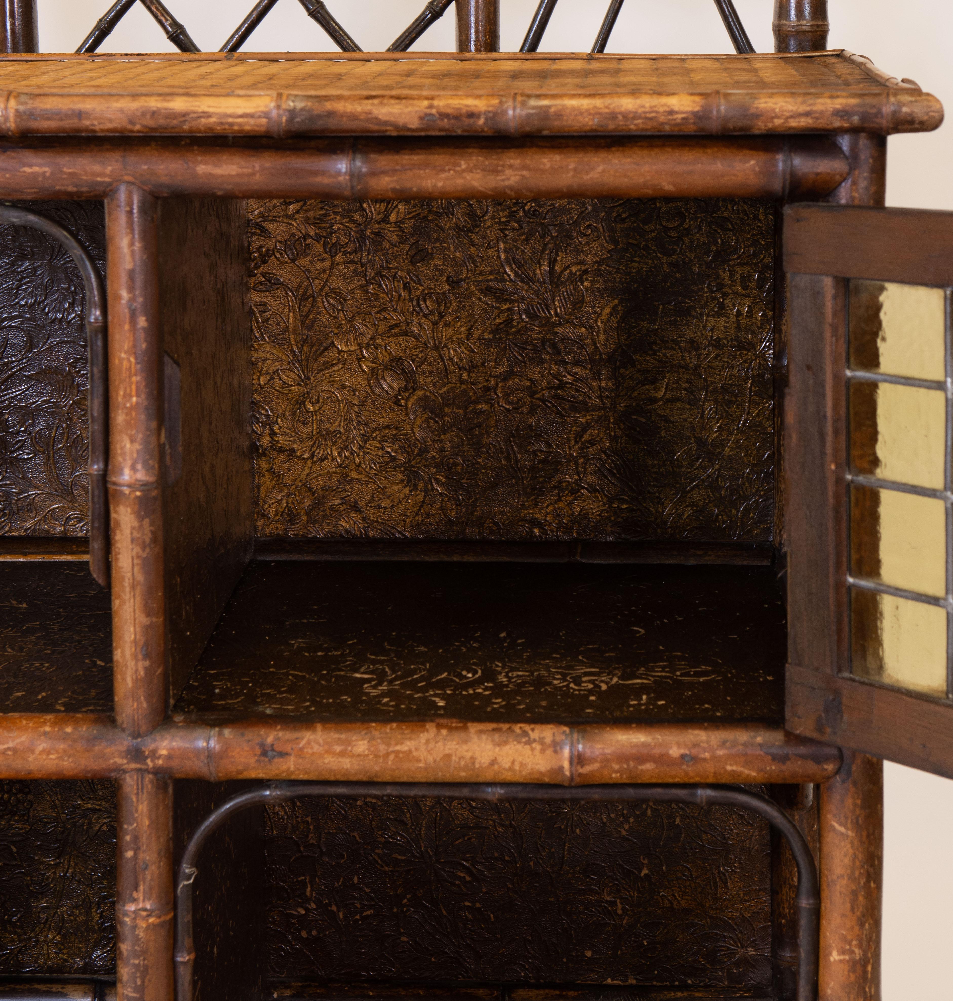 Late 19th Century, English Bamboo Etagere Leaded Stained Glass Cabinet For Sale 4