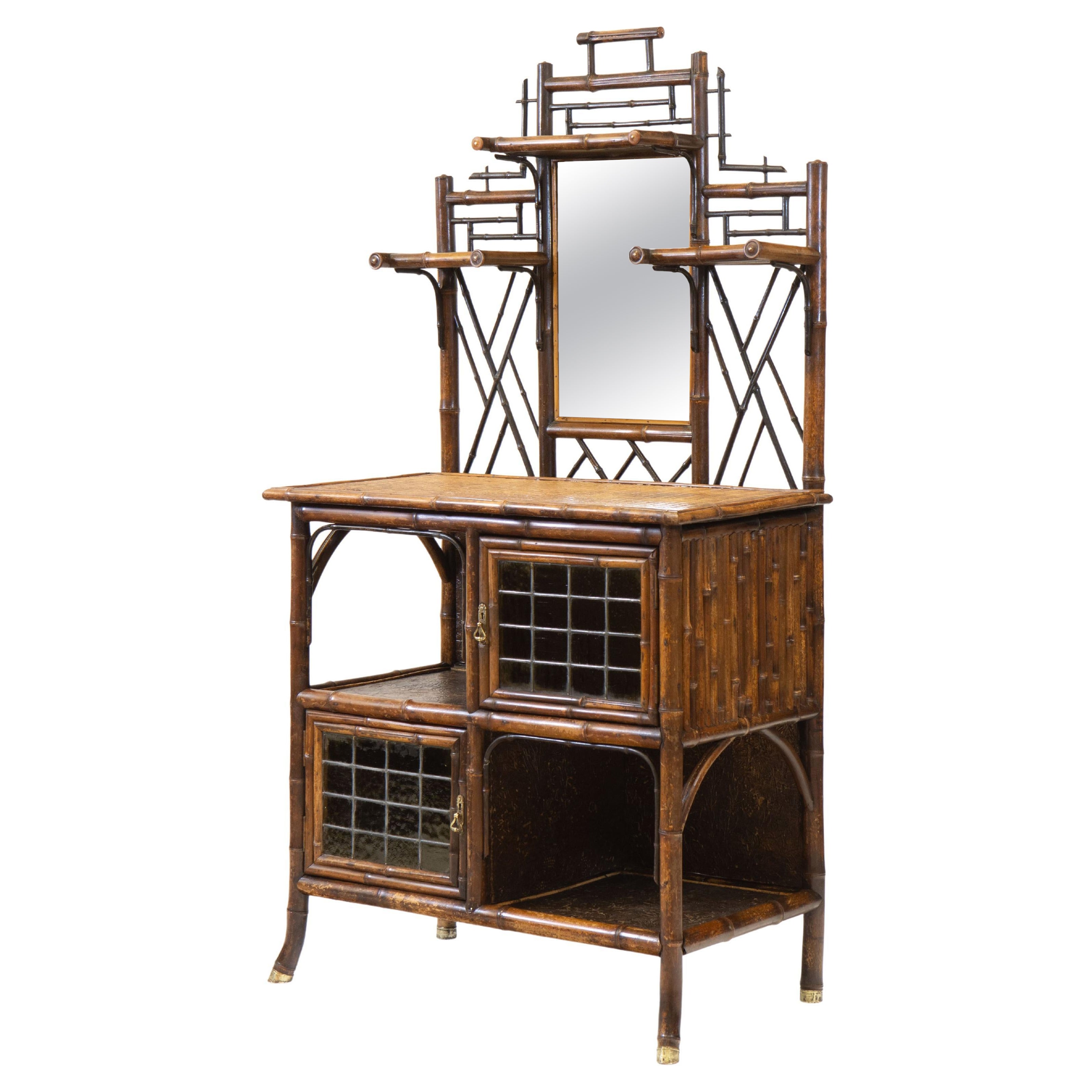 Late 19th Century, English Bamboo Etagere Leaded Stained Glass Cabinet