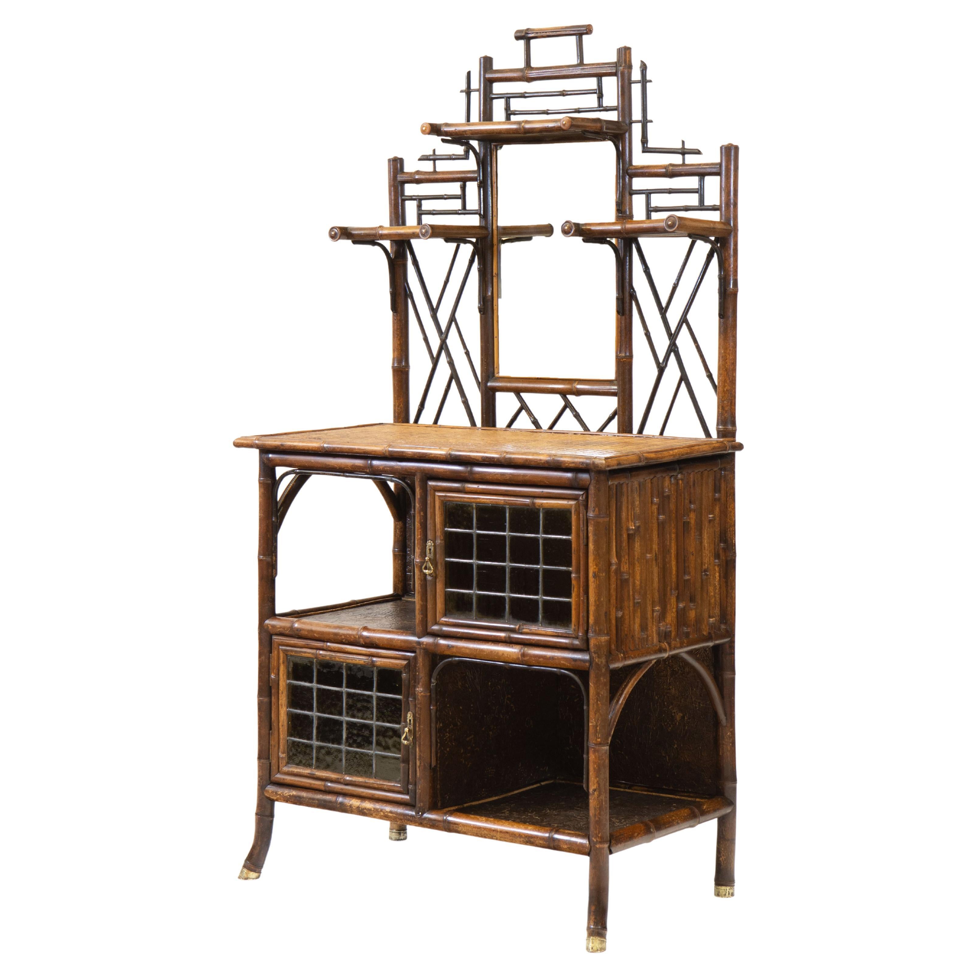Late 19th Century, English Bamboo Etagere Leaded Stained Glass Cabinet