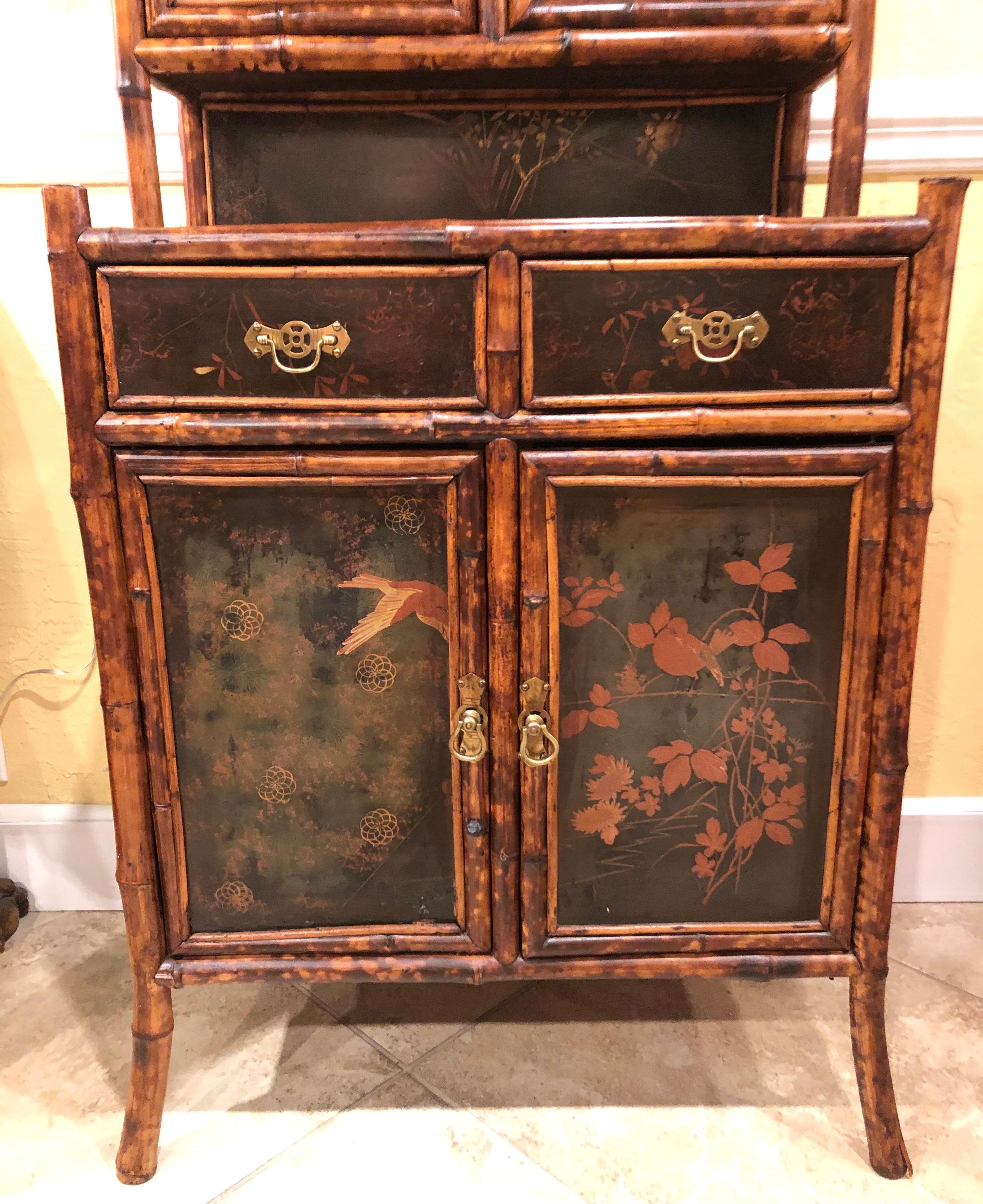 British Colonial Late 19th Century English Bamboo Lacquered 4-Door 2-Drawer Cabinet