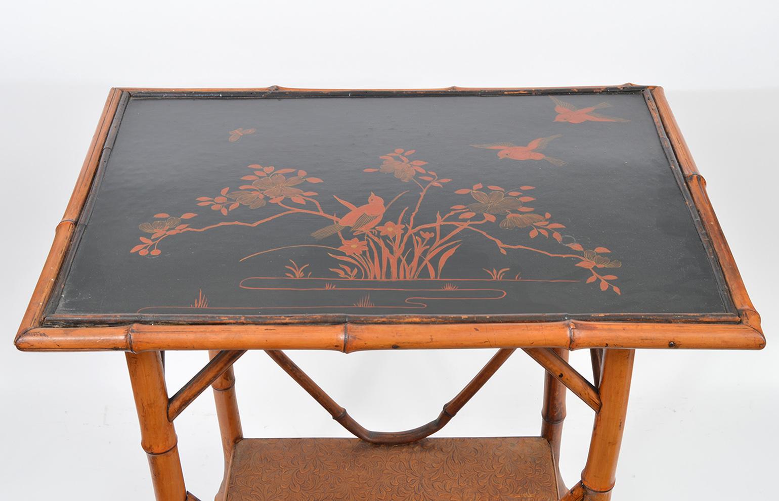 Late Victorian Late 19th Century English Bamboo Two-Tier Side Table with Lacquered Japanned Top