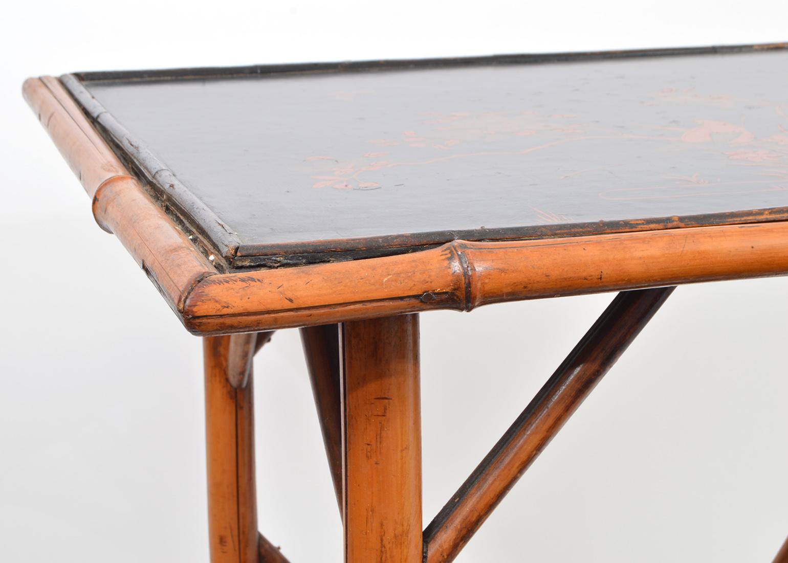 Leather Late 19th Century English Bamboo Two-Tier Side Table with Lacquered Japanned Top