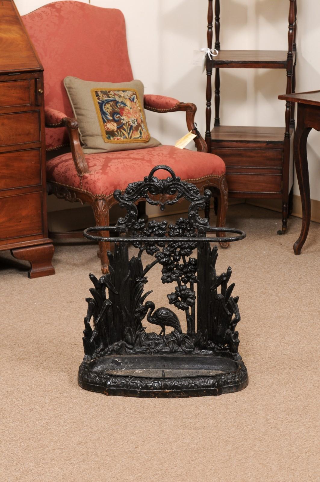 Late 19th Century English Black Painted Iron Umbrella Stand with Bird For Sale 1