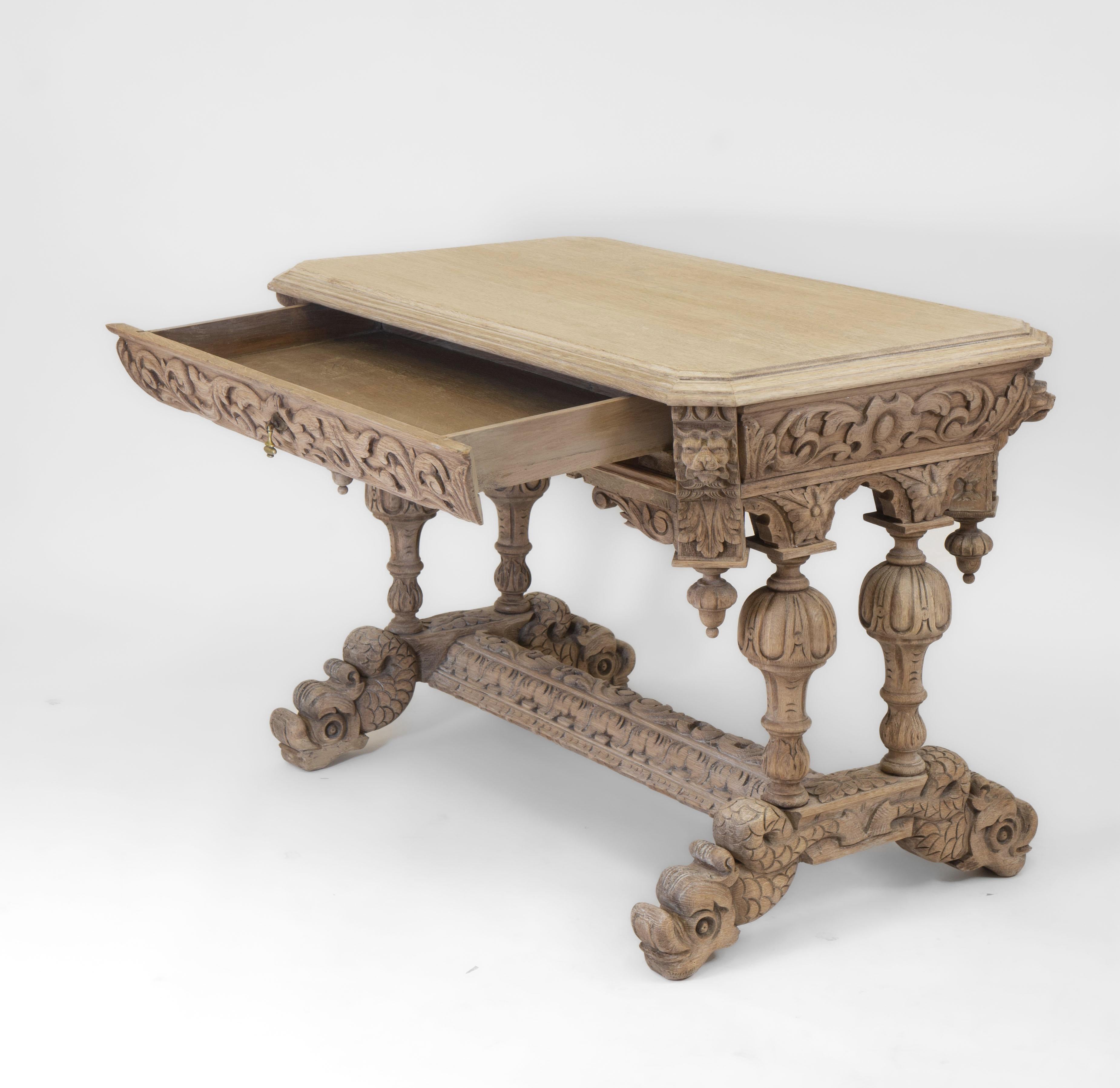 Late 19th Century English Bleached Carved Oak Hall Centre Table with Drawer For Sale 5