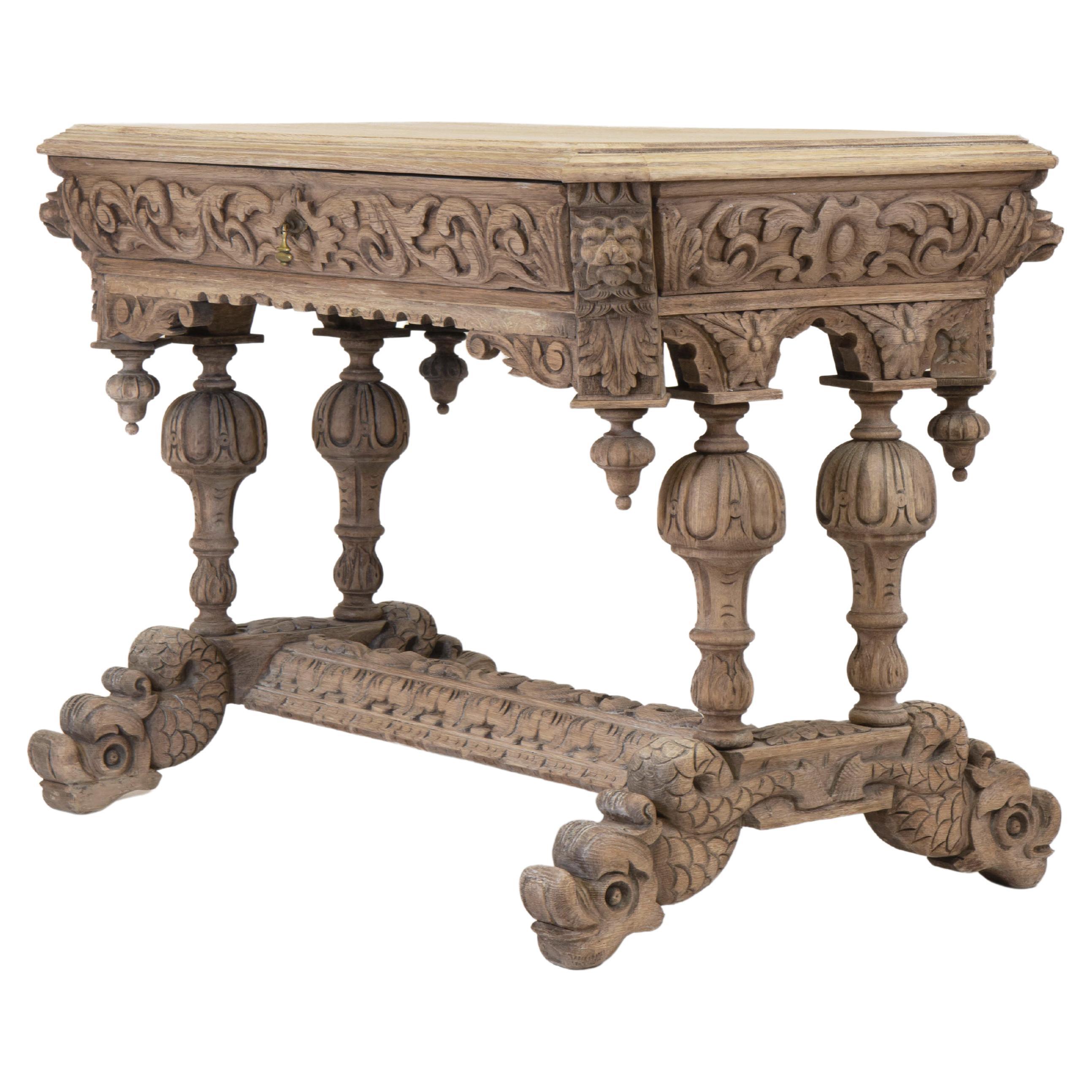 Late 19th Century English Bleached Carved Oak Hall Centre Table with Drawer For Sale