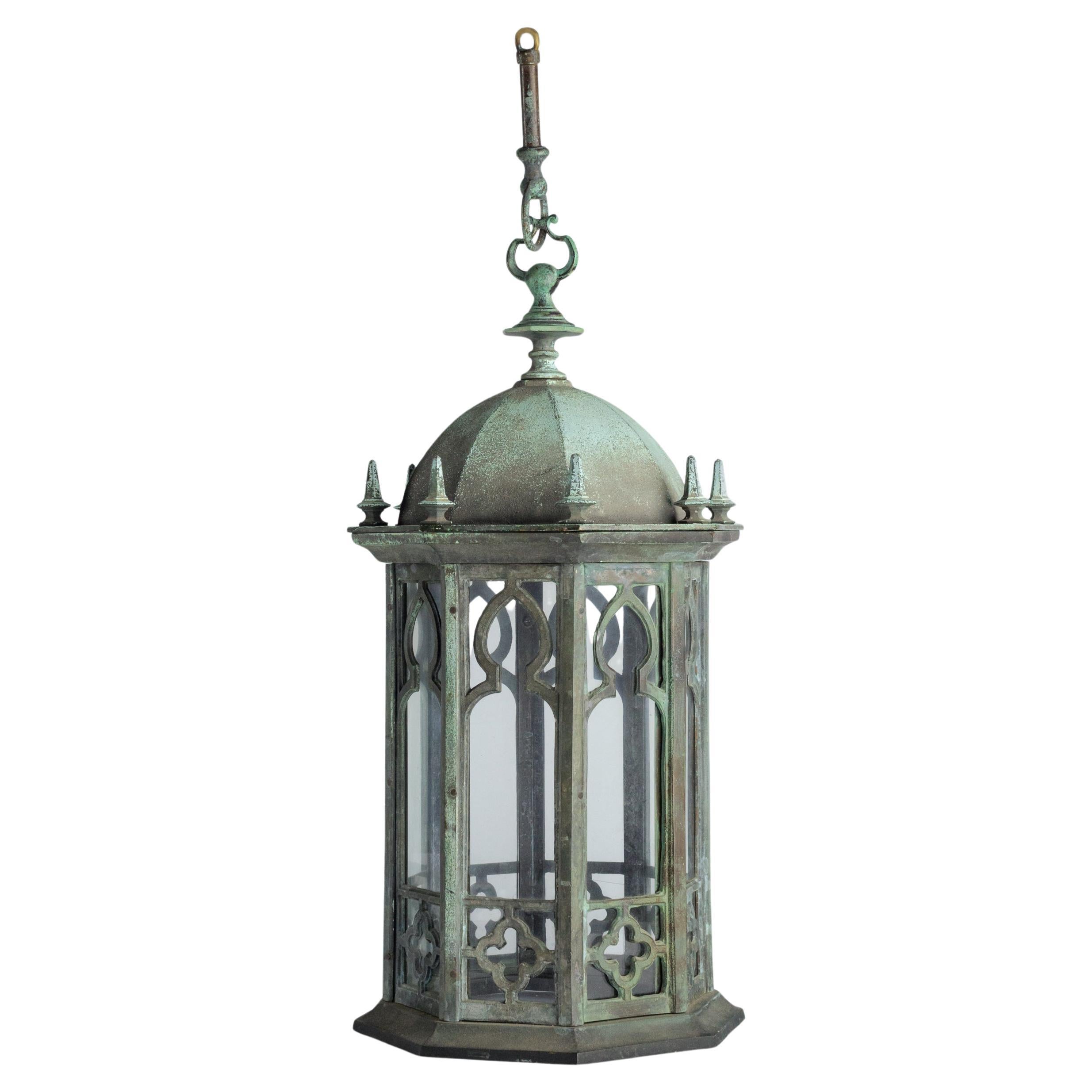 Lanterna da sala inglese in bronzo Verdigris della fine del XIX secolo
