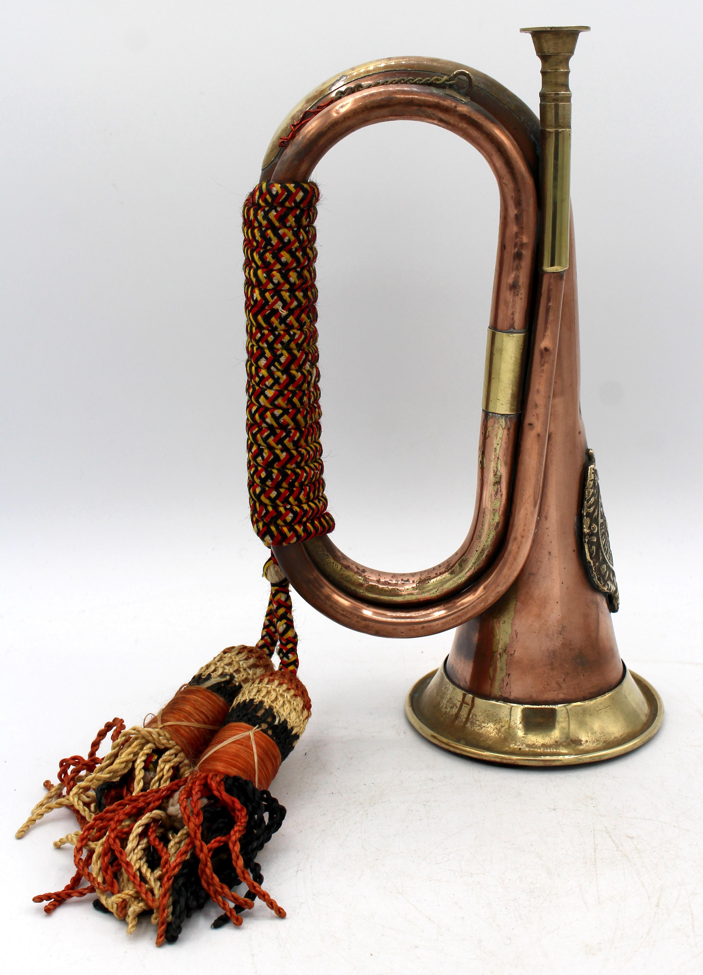 Late 19th century copper & brass bugle, English. Military Regimental Crest of the Argyll & Sutherland Highlanders Regiment (1881-2006 when folded into the Royal Regiment of Scotland). Nicknamed 