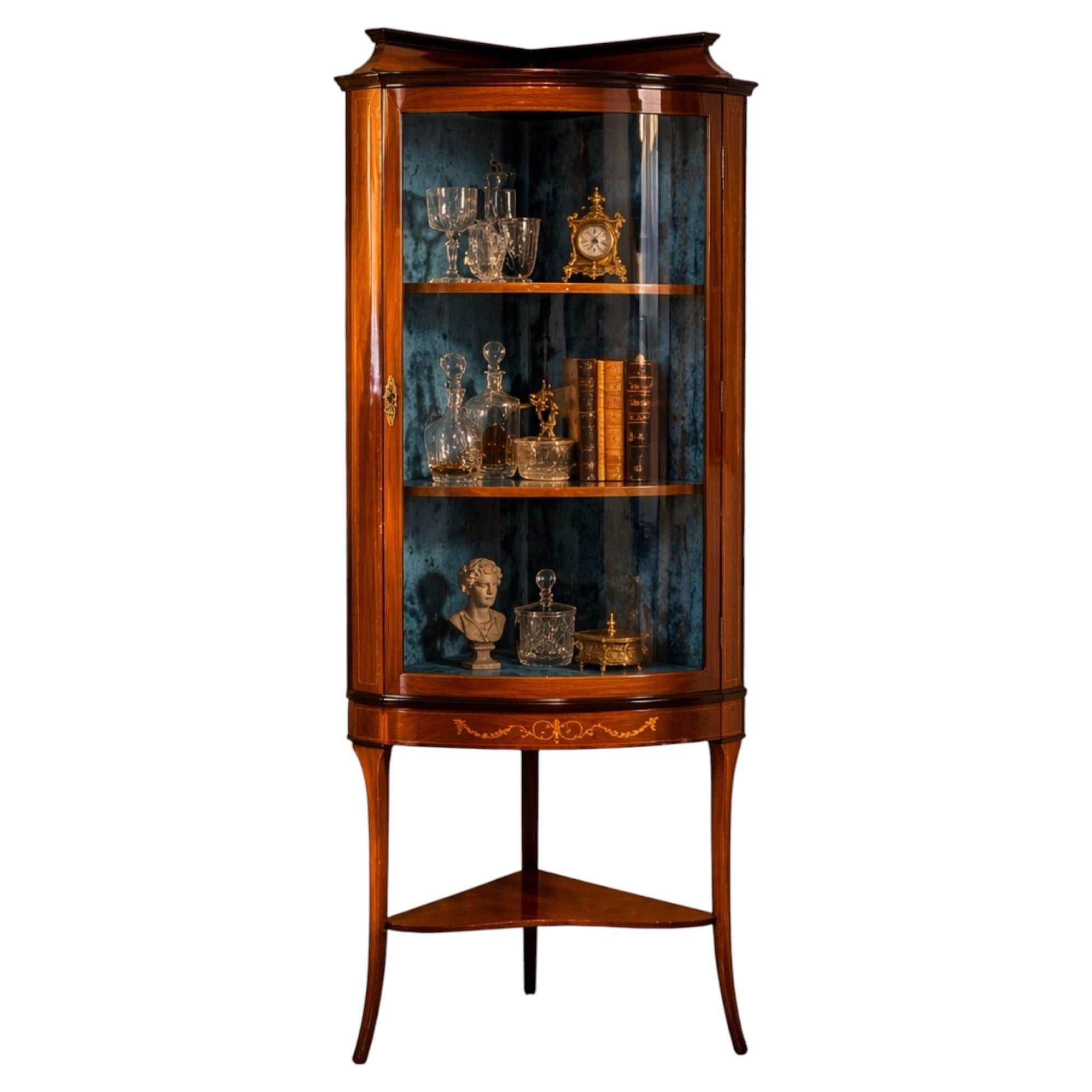 Late-19th Century English Corner Cabinet with Inlaid Wood & Glass