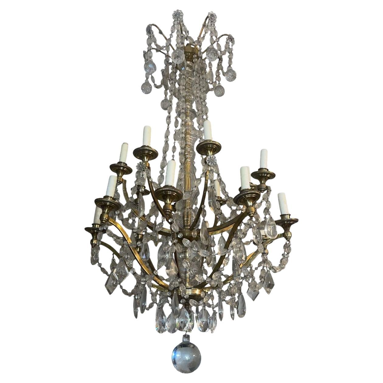 Lampadario inglese di fine Ottocento in cristallo e bronzo dorato in vendita
