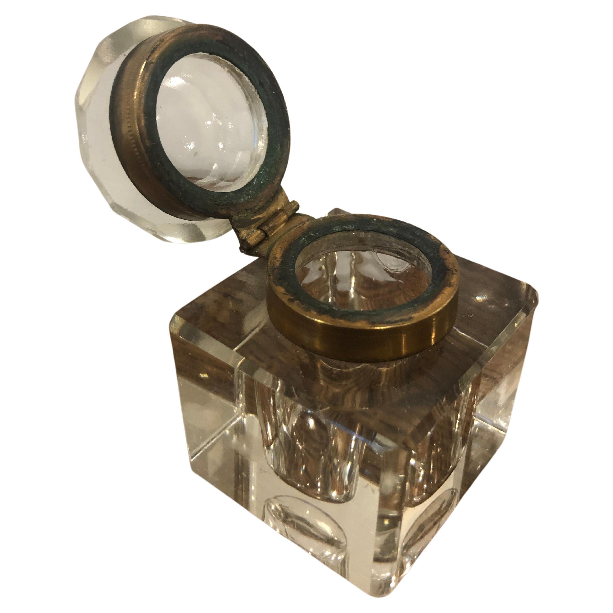 Late 19th Century English Crystal Inkwell with Brass Collar For Sale