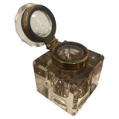 Late 19th Century English Crystal Inkwell with Brass Collar
