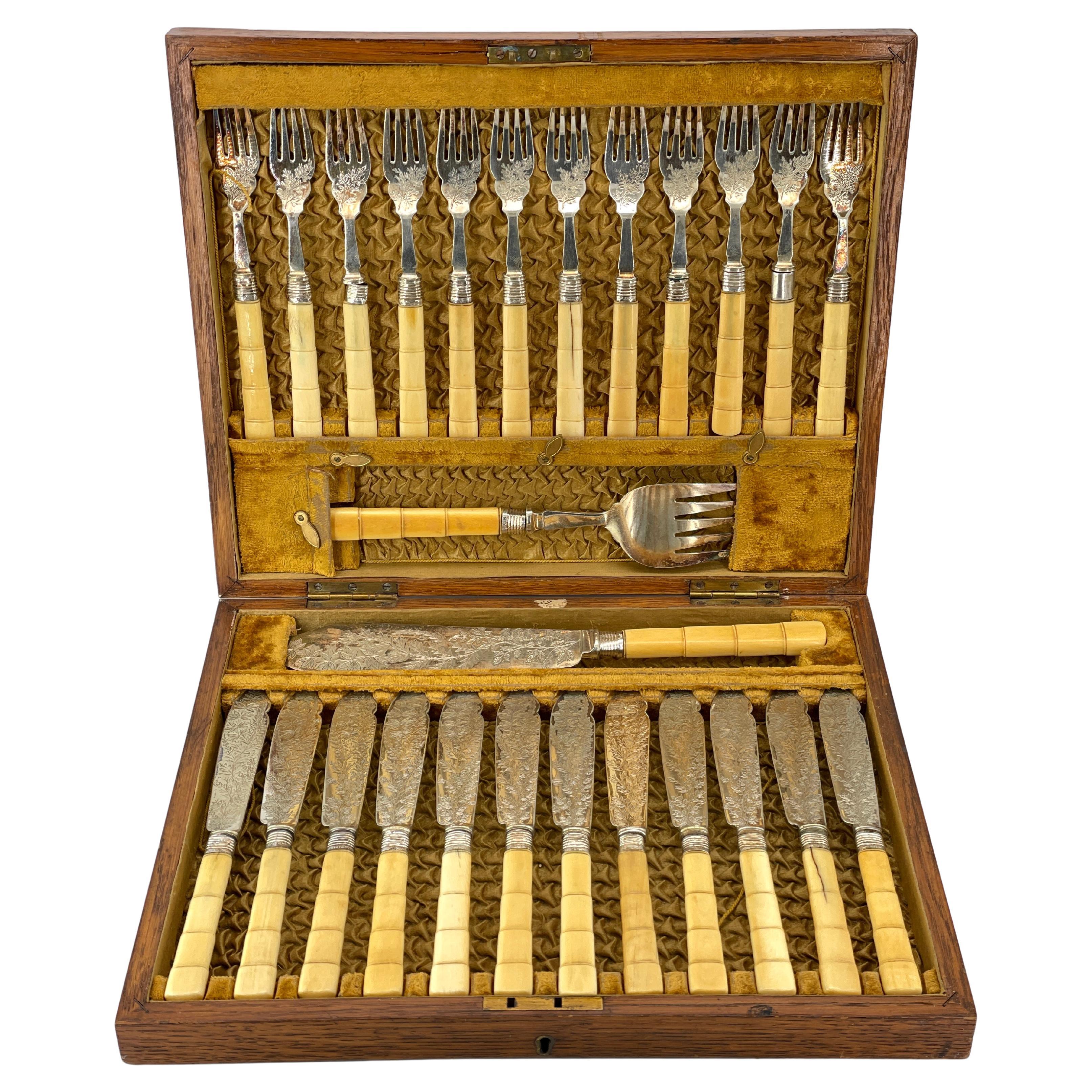 Late 19th Century English Fish Flatware TNB Sheffield 1896 Sterling+Silverplate For Sale