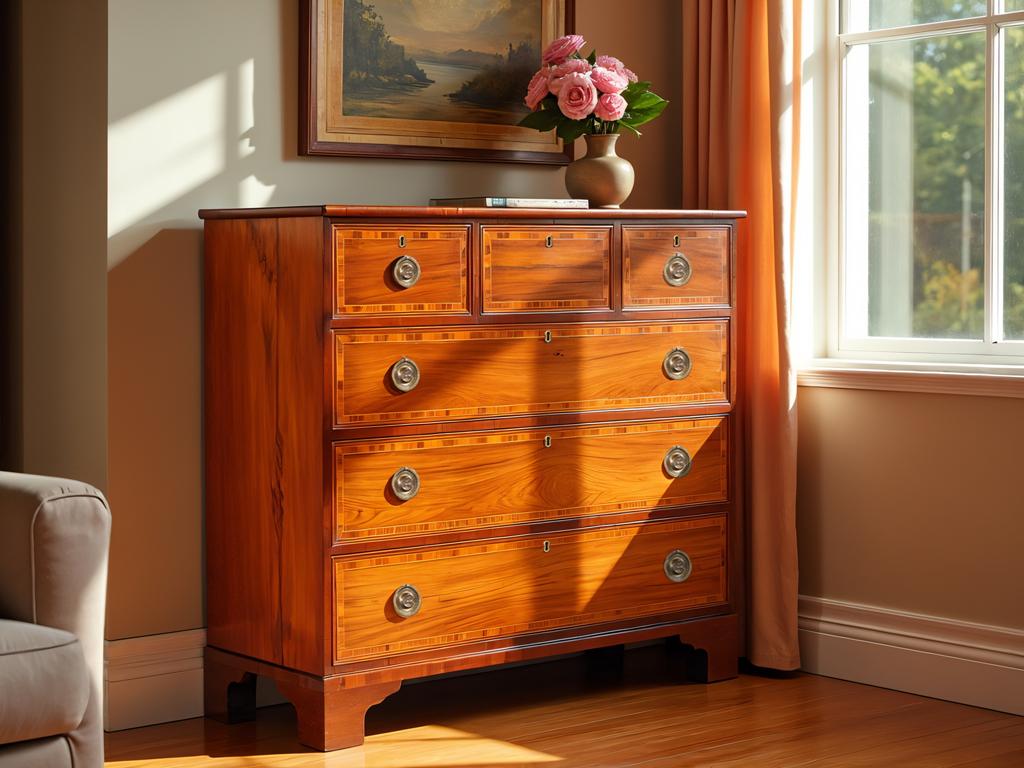 A fine example of classic English cabinetry, this Georgian-style chest of drawers was crafted in England circa late 1800s. Constructed from rich mahogany woods, its elegant design is highlighted by detailed inlay patterns bordering each drawer