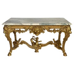 Table console en bois doré de la fin du XIXe siècle avec plateau en marbre