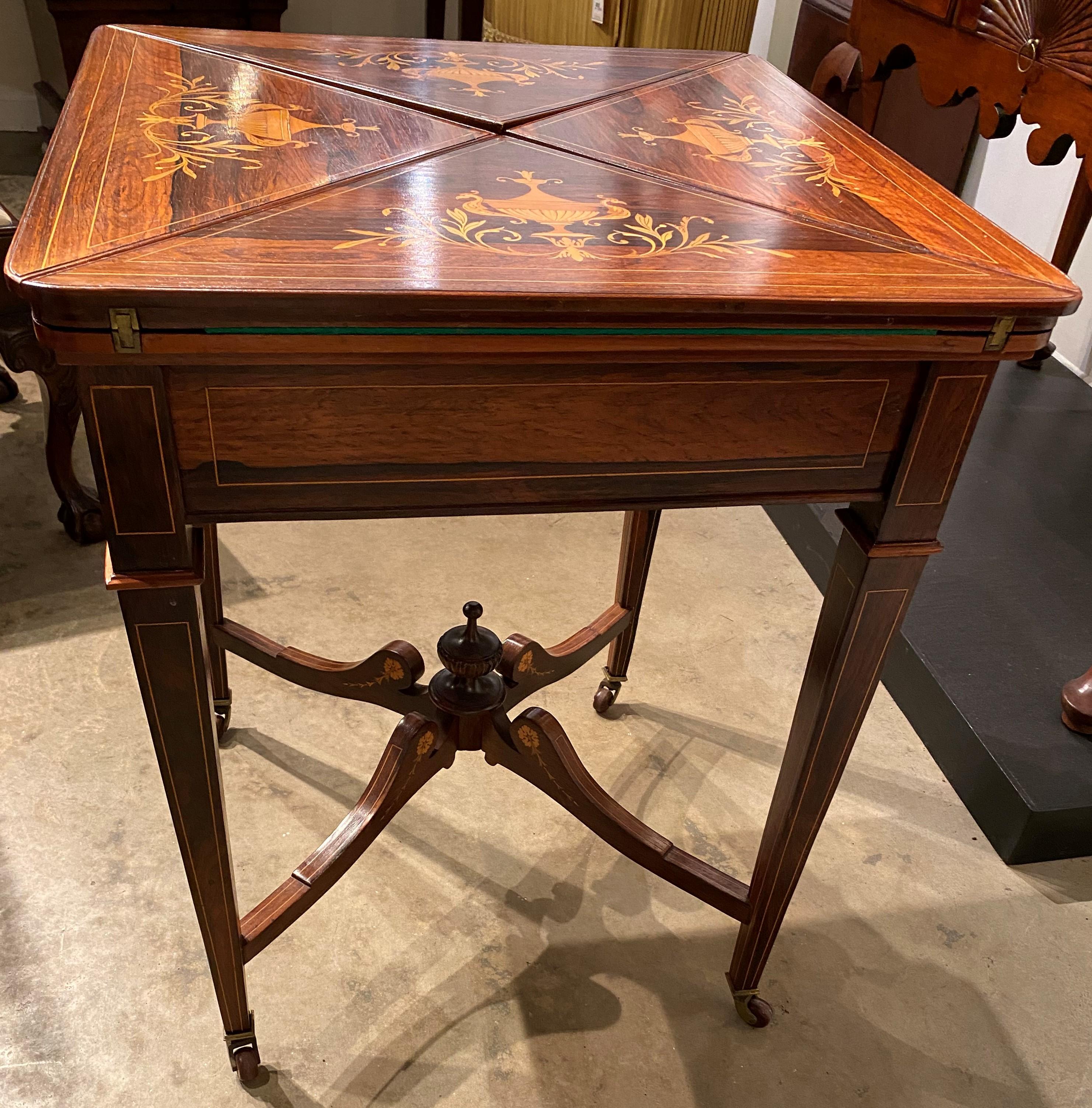 Hand-Carved Late 19th Century English Handkerchief Gaming Table with Exceptional Inlay