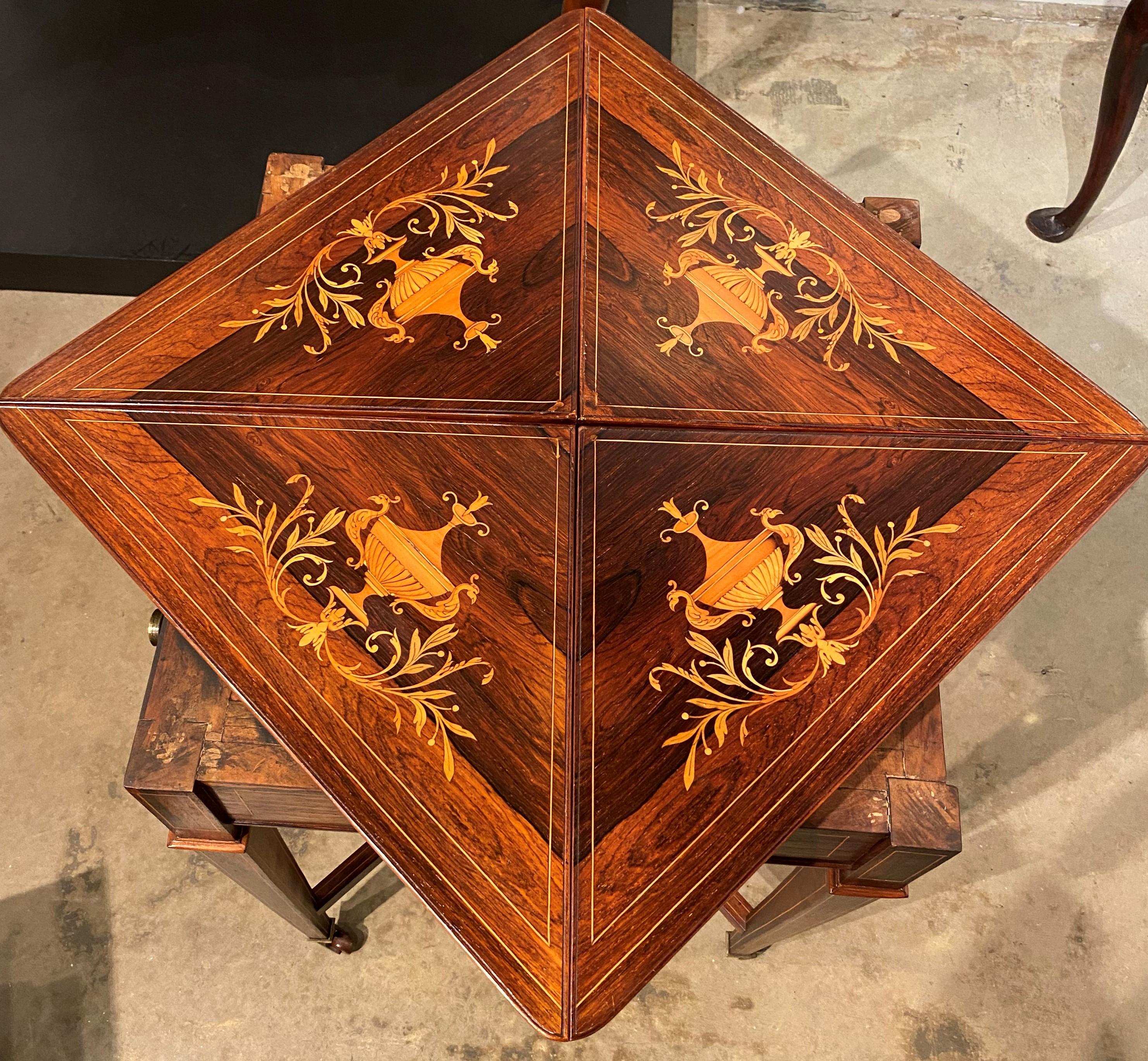 Late 19th Century English Handkerchief Gaming Table with Exceptional Inlay In Good Condition In Milford, NH