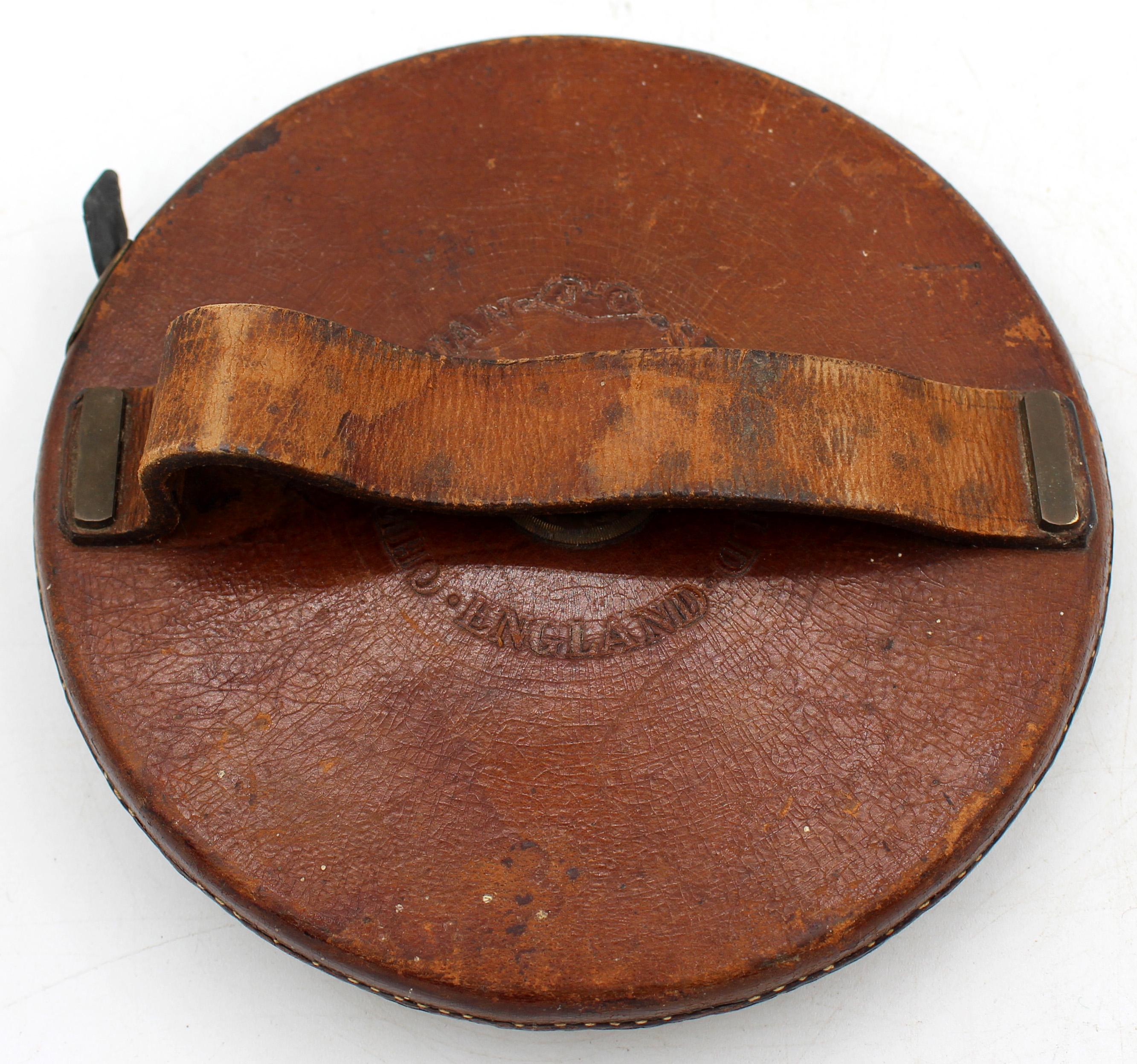 Late 19th century lawn tape by Chesterman, Sheffield, England. Chesterman's patented steel tape in leather case. 200 ft tape. Leather hand strap; brass fittings. See The Smithsonian National Museum of American History collection for more
