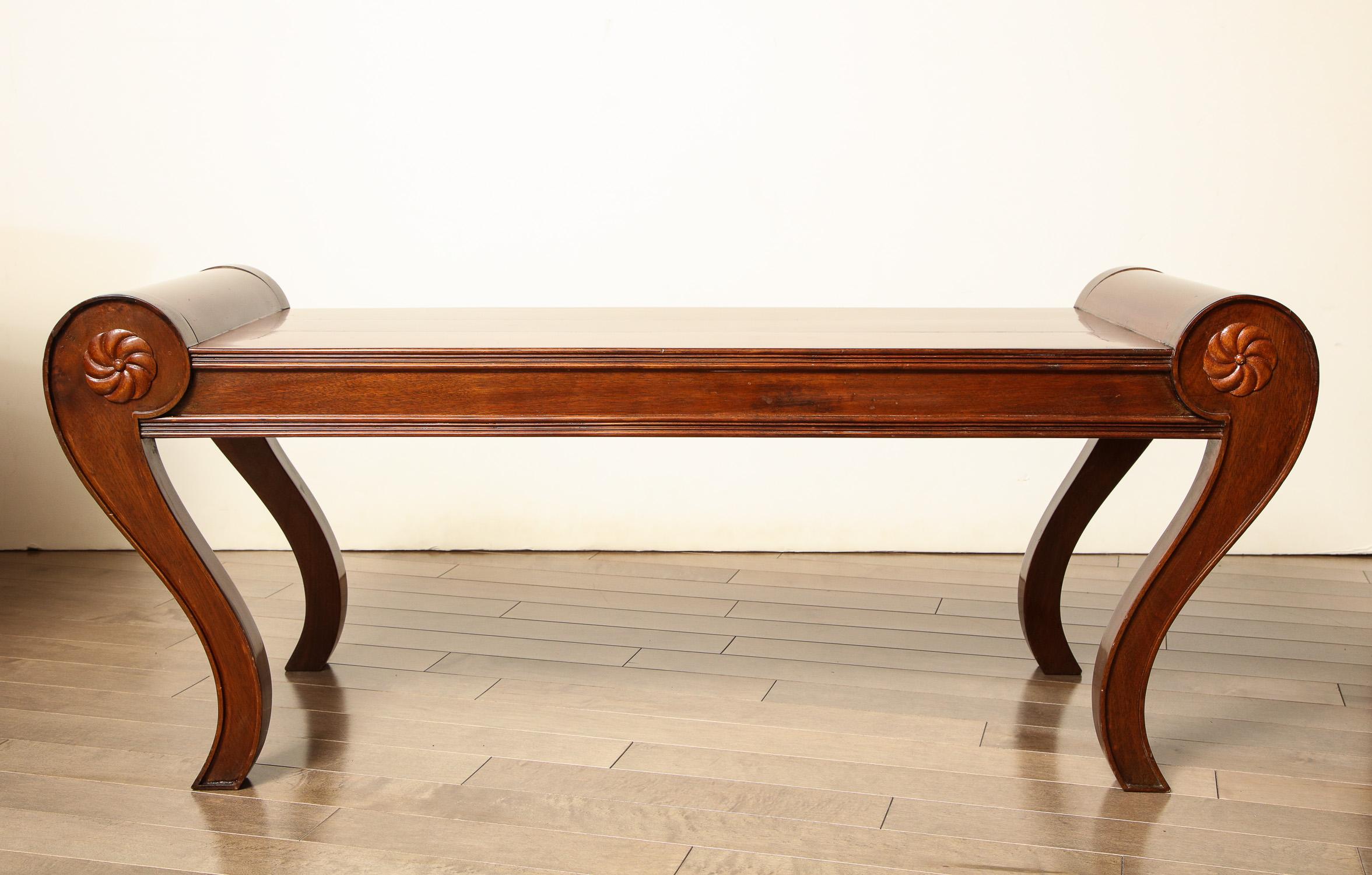 Late 19th century English, neoclassical bench in the Regency style, mahogany.