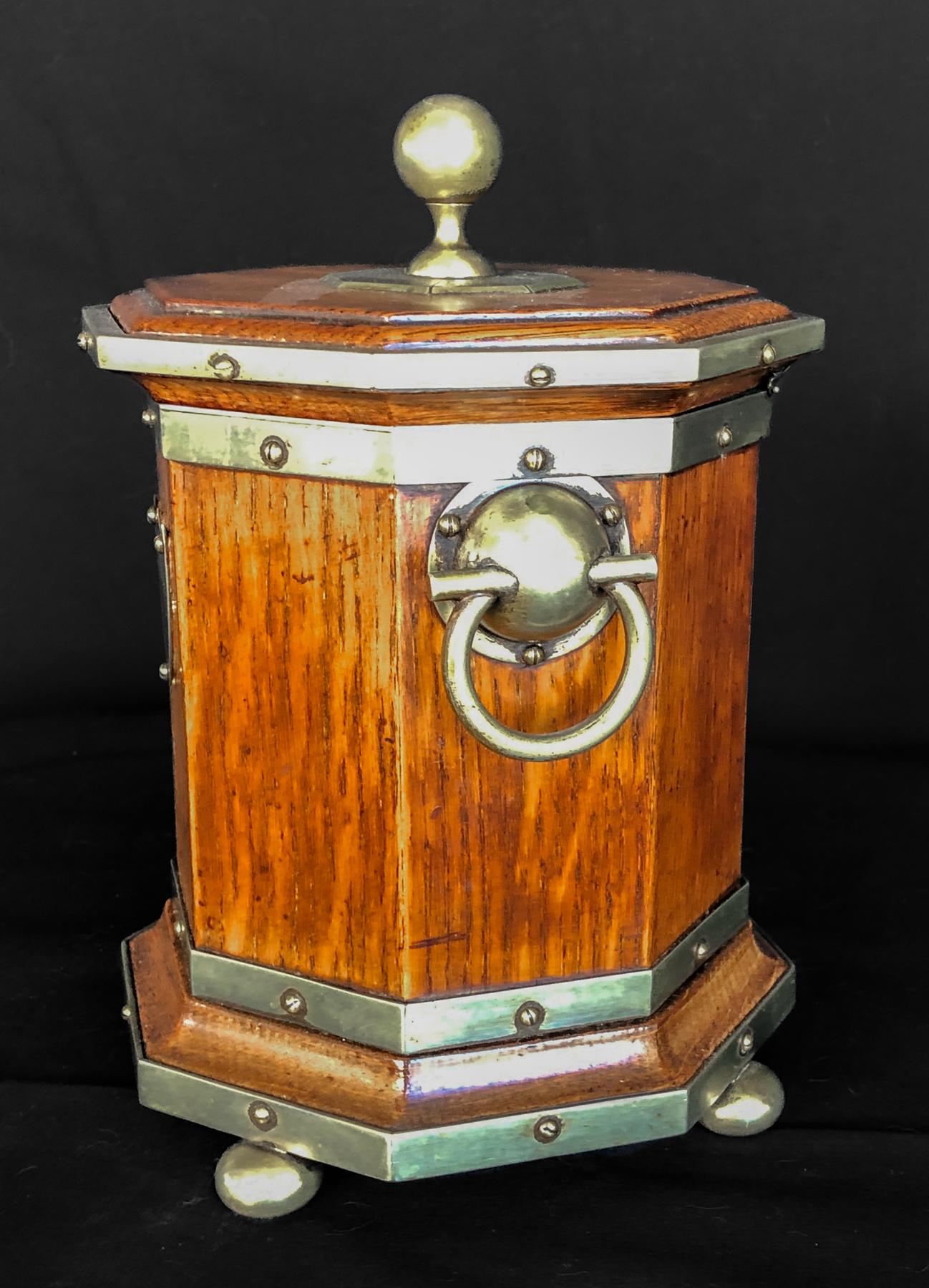 Silver Plate Late 19th Century English Oak Octagonal Humidor with Silver Mounts For Sale