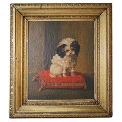 Antique Late 19th Century English Oil on Canvas Japanese Spaniel Lap Dog Portrait 