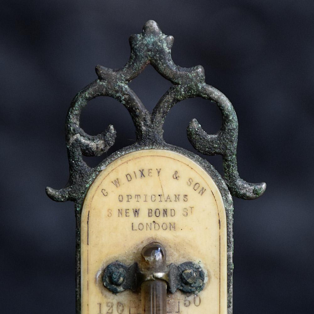 Late 19th century English opticians thermometer
We are proud to offer a delightful English opticians’ thermometer. This item is engraved C W Dixey & Son, Opticians 3 New Bond St London. It would have hung in the opticians in the late 19th -early