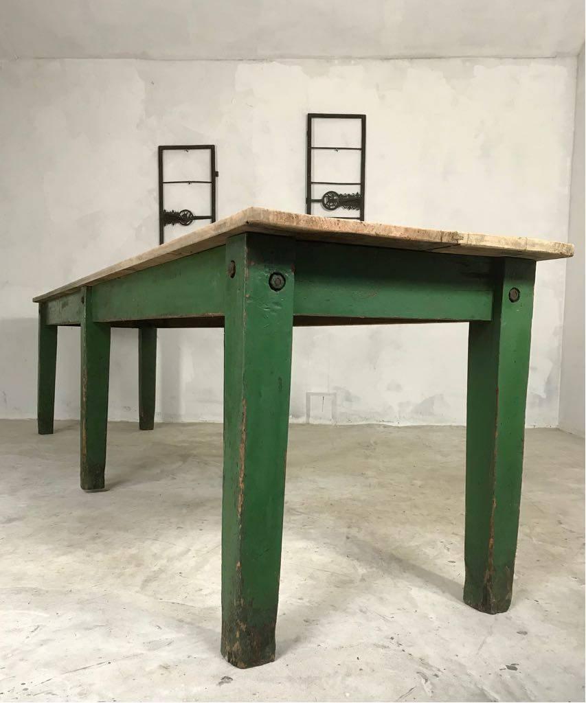 Industrial Late 19th Century English Pine Green Dining Work Table with Elm Top