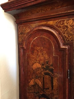 A Late 19th Century English Red Lacquered and Brass Chinoiserie Long Case Clock