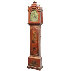 A Late 19th Century English Red Lacquered and Brass Chinoiserie Long Case Clock