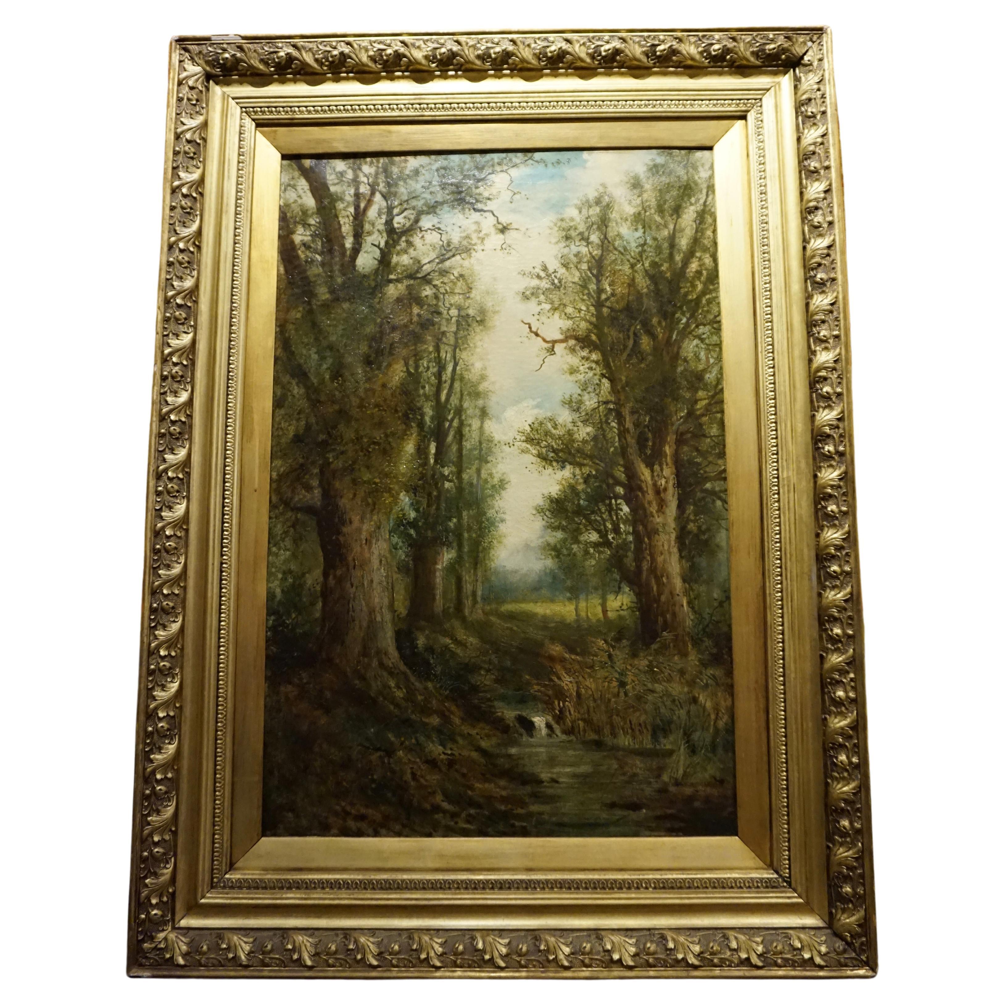Grande peinture à l'huile sur toile de l'école anglaise de la fin du XIXe siècle dans son cadre d'origine