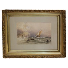 Antique Late 19th Century English School Watercolor "Rough Water Off the Dover Cliffs"