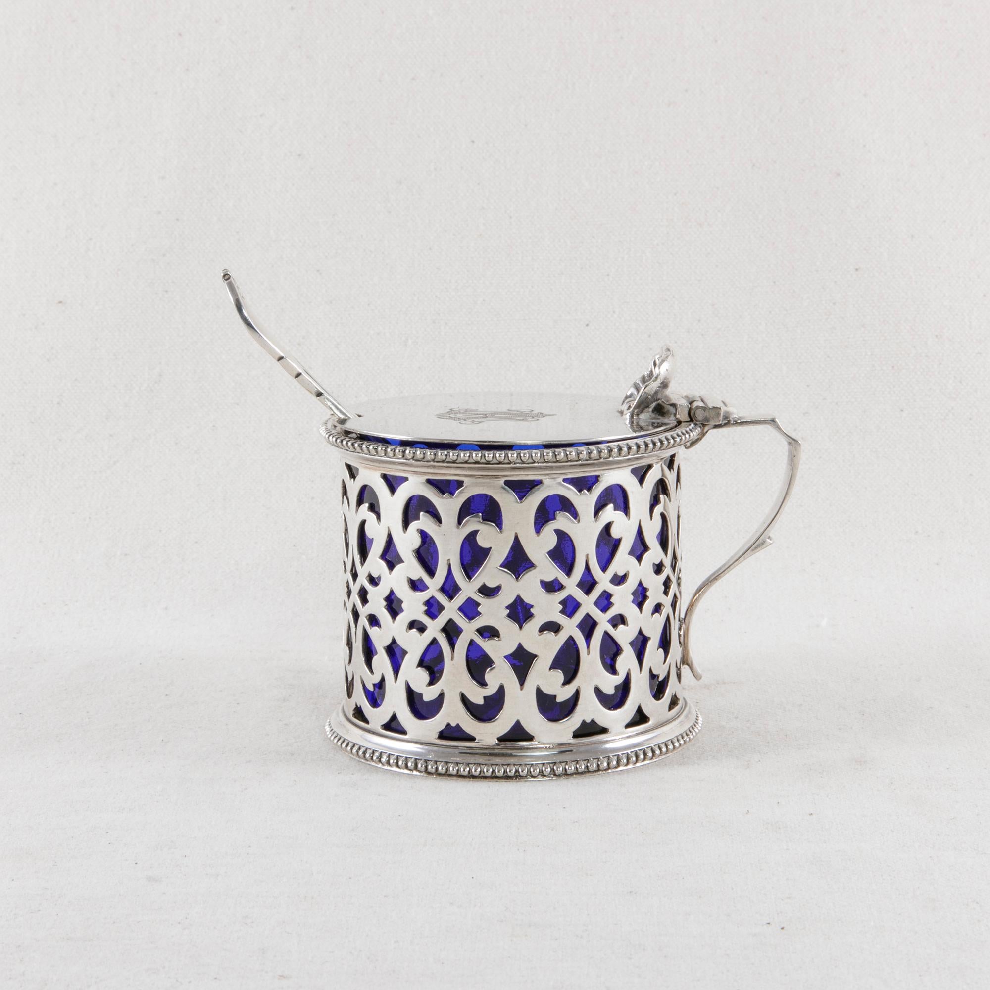Late 19th Century English Silver Plate Mustard Pot with Lid Spoon, Glass Insert 1
