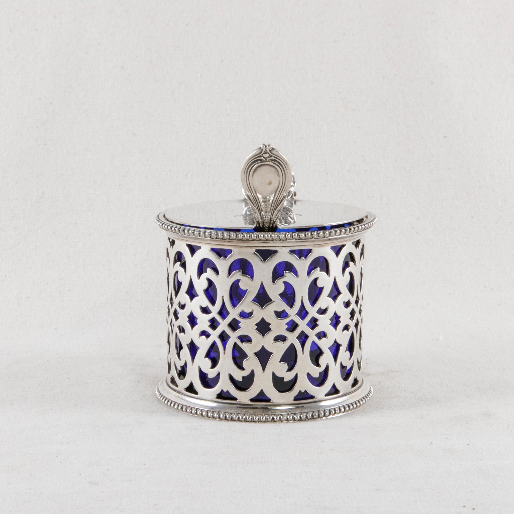 Late 19th Century English Silver Plate Mustard Pot with Lid Spoon, Glass Insert 2